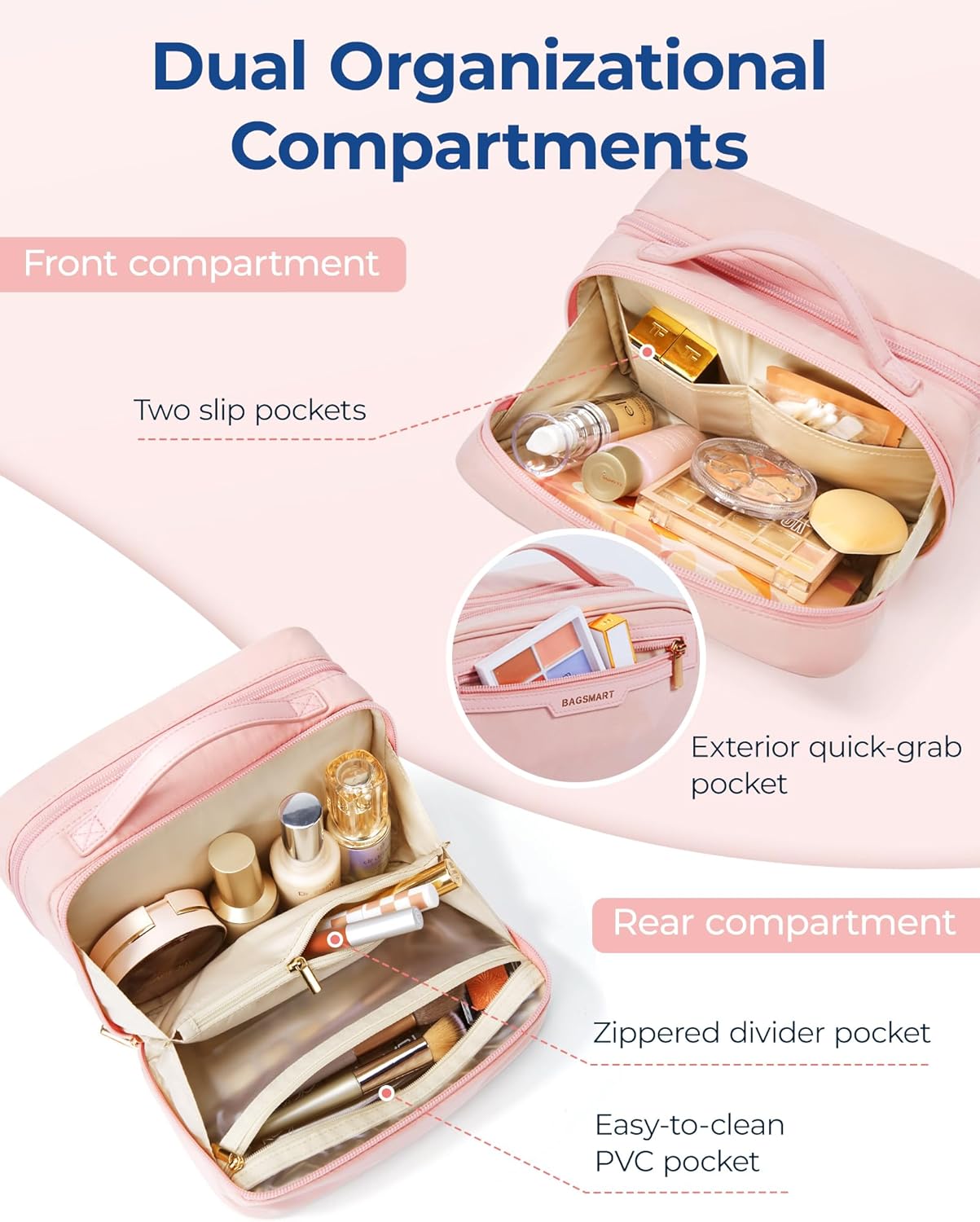 Thumbnail 2 de BAGSMART Travel Makeup Bag Large Capacity – Wide-Open, Pink