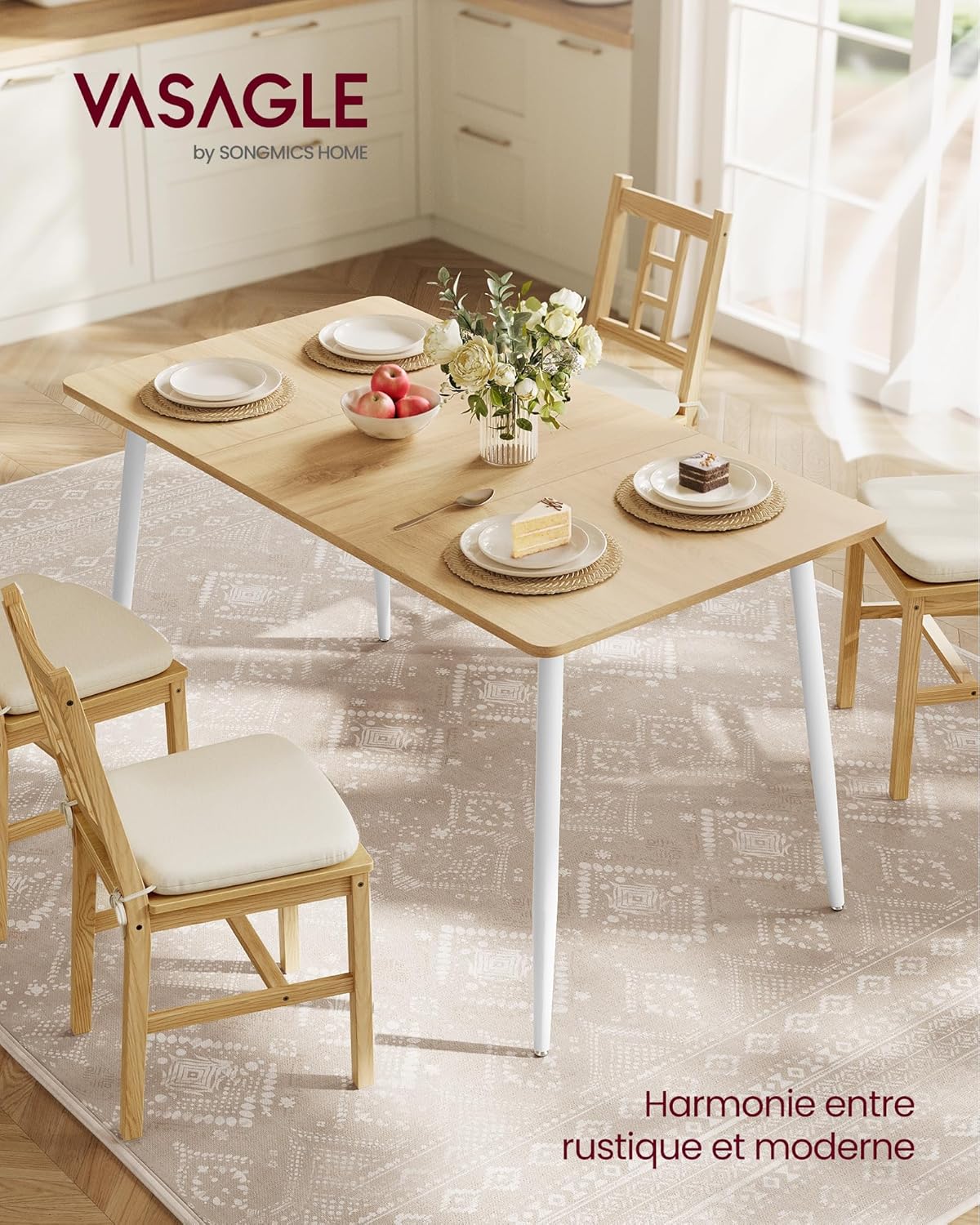 Thumbnail 2 de Table de cuisine VASAGLE KDT100YA02V1 (75 x 140 x 75 cm) pour 4 à 6 personnes, doré chêne et blanc nuage