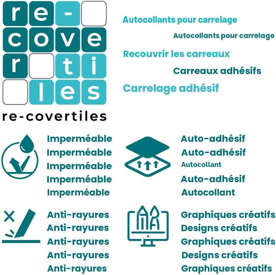 Thumbnail 3 de RE-COVERTILES – Stickers Carrelage Cuisine et Bain 15x15 cm (12 pcs) en PVC imperméables – Décoratifs, Autocollants Peel and Stick, Made in Italy