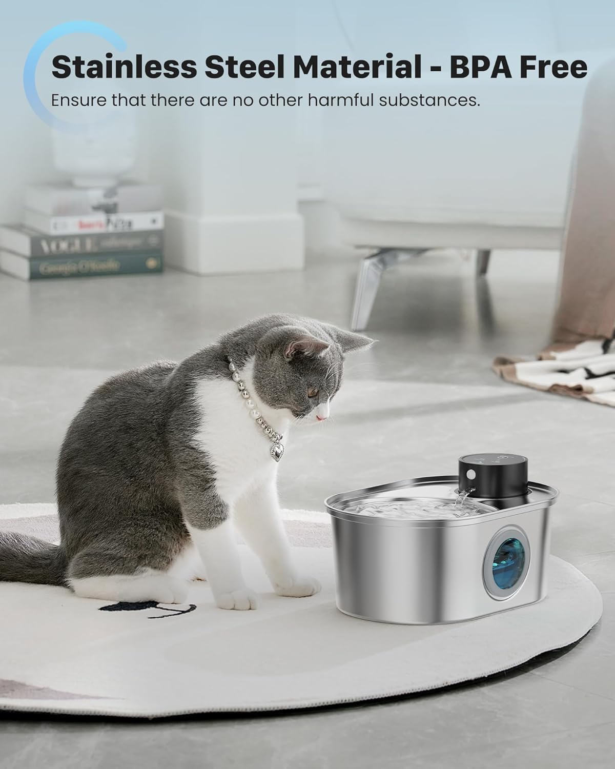Detalle de Katzenbrunnen Kabellos Edelstahl – Trinkbrunnen für Katze, 3,2 l, BPA-frei, leise Wasserpumpe, 1 Filter