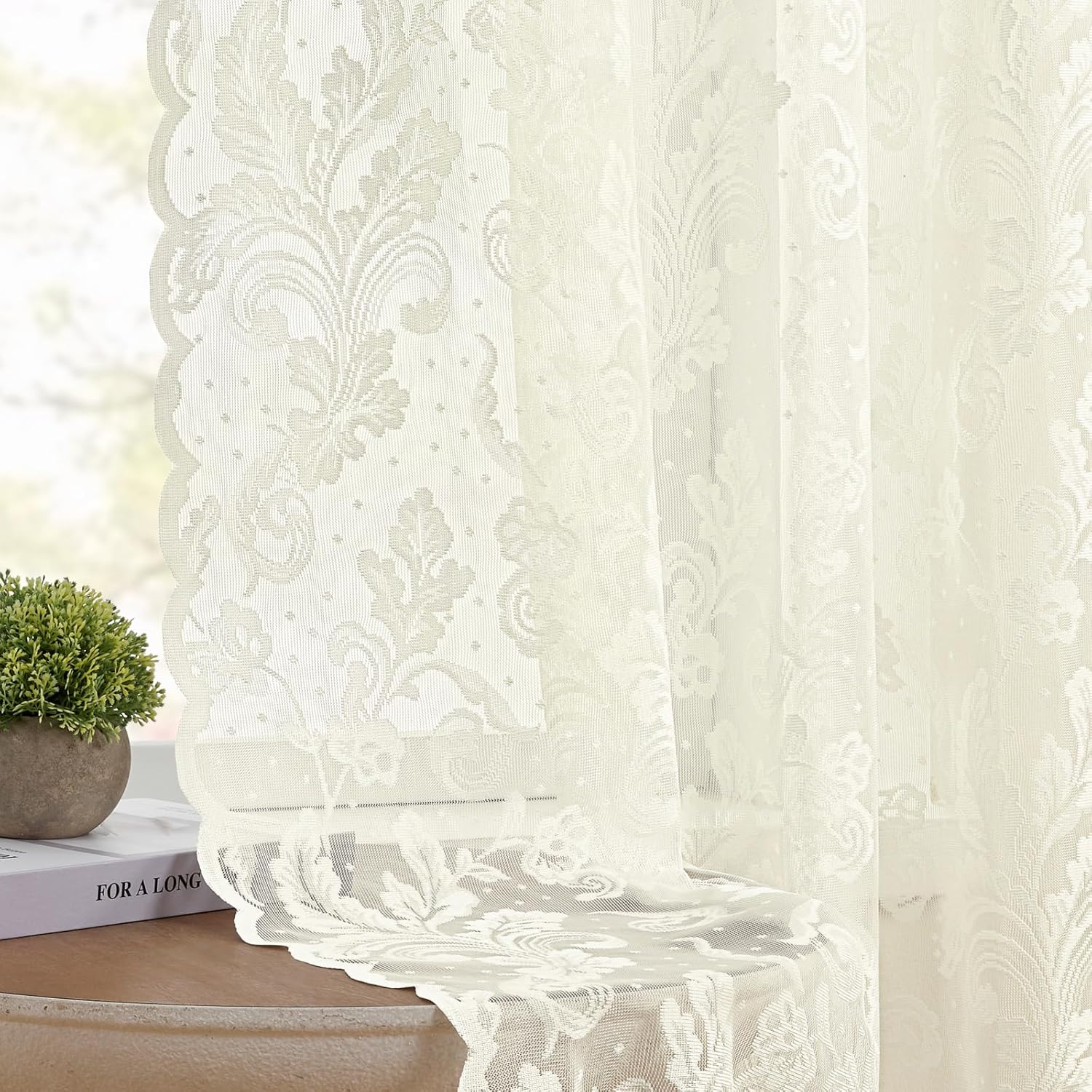 Thumbnail 4 de Ivory Lace Curtains 84 Inches Long – Victorian Floral Sheer Curtains, 2 Panels, 52x84