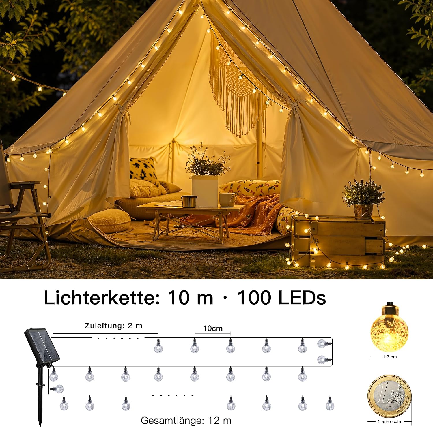 Detalle de Hopexy Solar Lichterkette Außen – 10 m, 100 LEDs, IP65/IP44, 8 Modi, Warmweiß