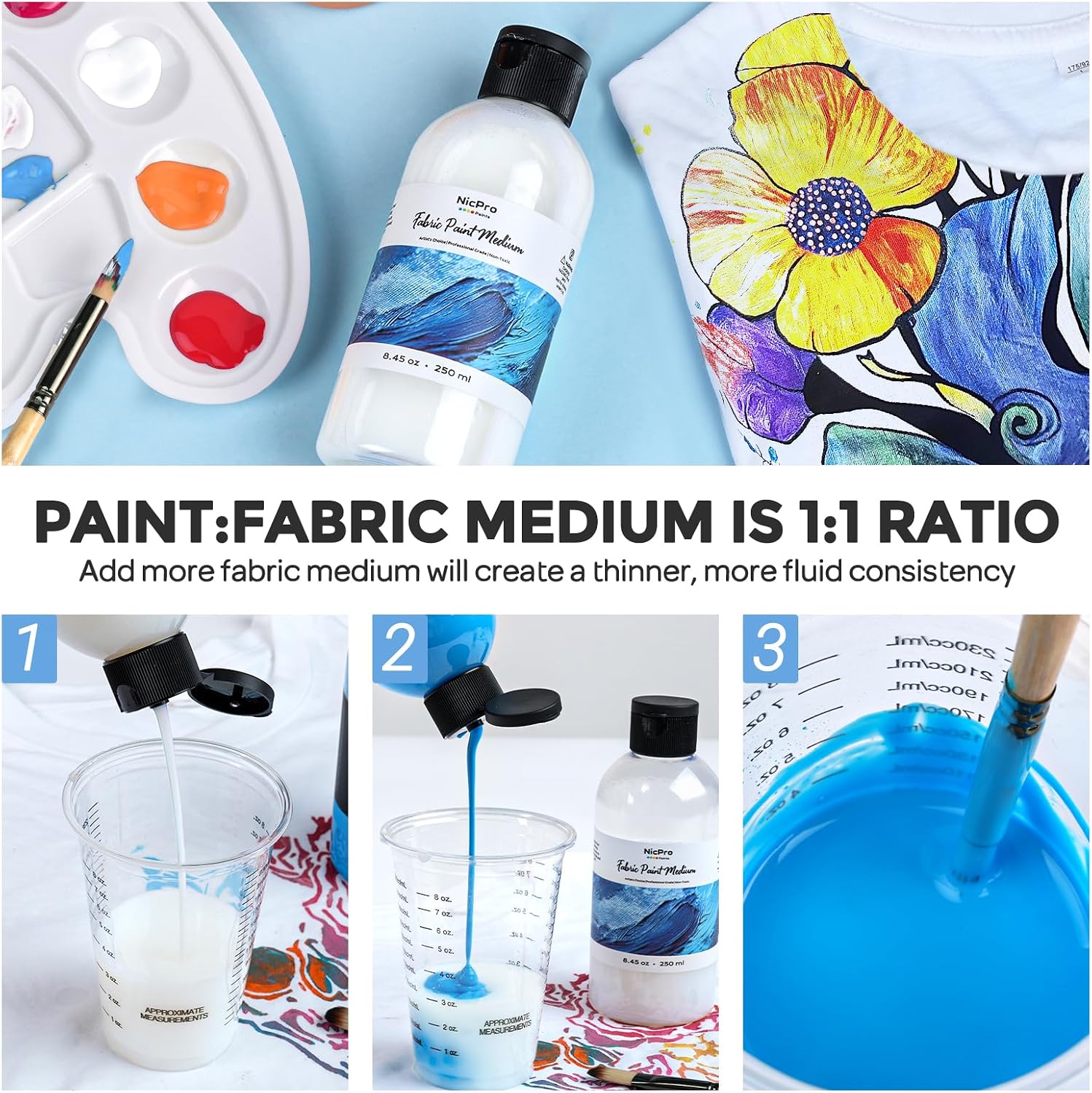 Detalle 2 de Nicpro 8.45 fl oz Fabric Medium for Acrylic Paint, Washable and Fade Resistant