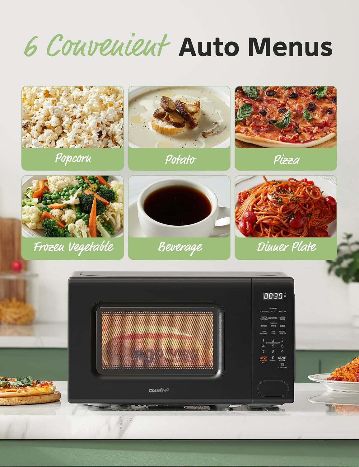 Detalle de COMFEE CMO-C20M1WB countertop microwave oven with 11 power levels, 700W, and child lock