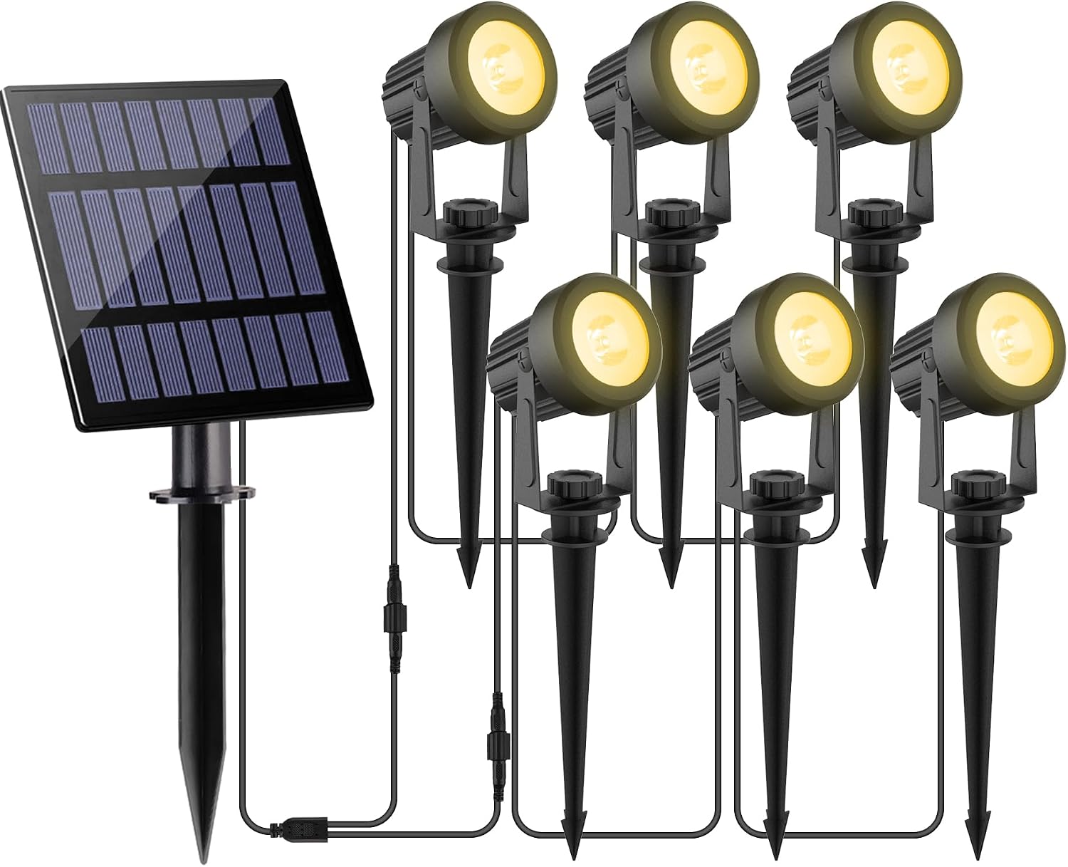 Detalle de NATPOW Solar Spot Lights Outdoor Garden – Dusk-to-Dawn, 3000K (6-in-1) IP65, Auto On/Off, 937 lumens