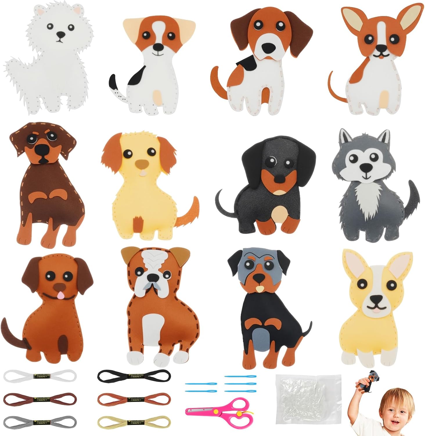 Vicloon 12PCS Confezione da Cucito in Feltro per Bambini — Kit Creativo per Principianti (Cane)