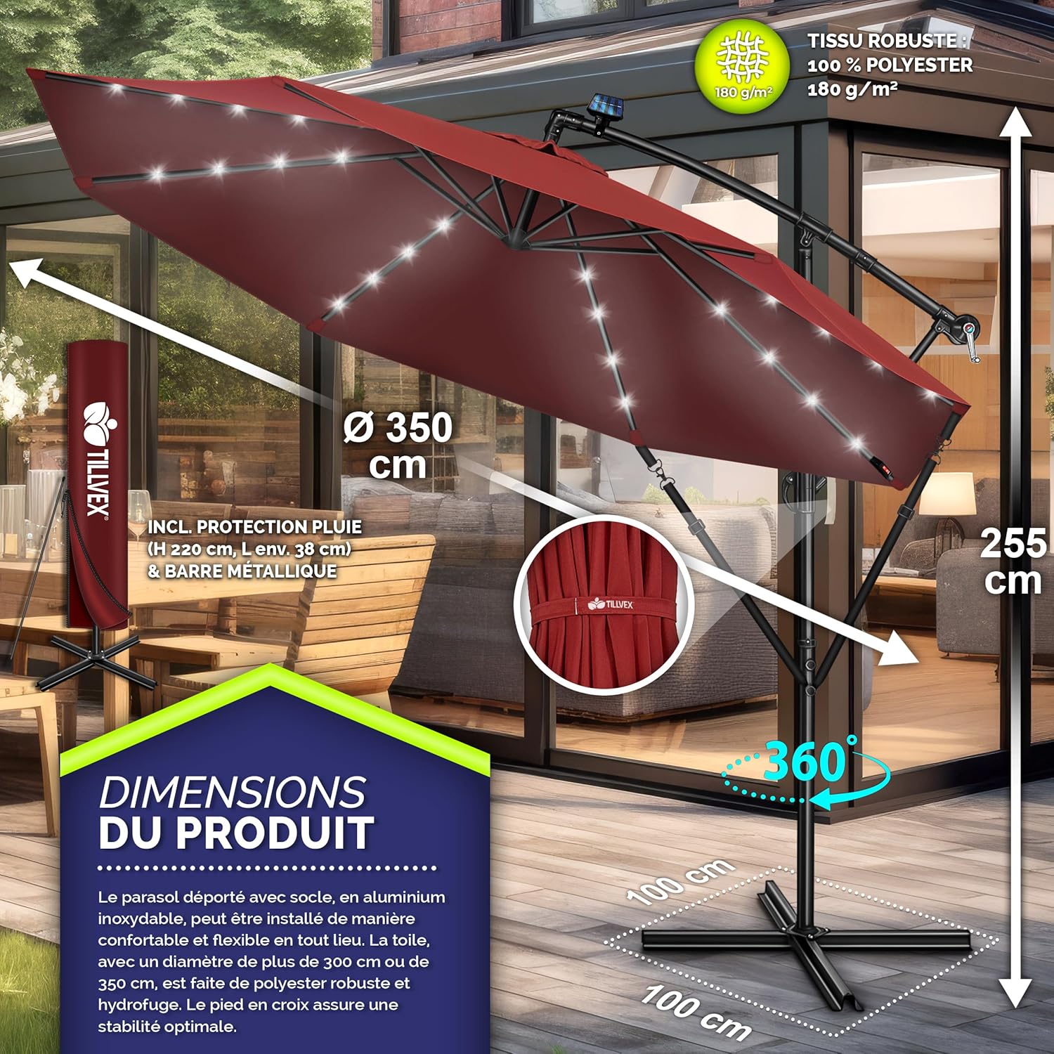 Thumbnail 4 de Tillvex Parasol déporté LED solaire hexagonal 3 m avec manivelle – ombre et lumière à utiliser dehors
