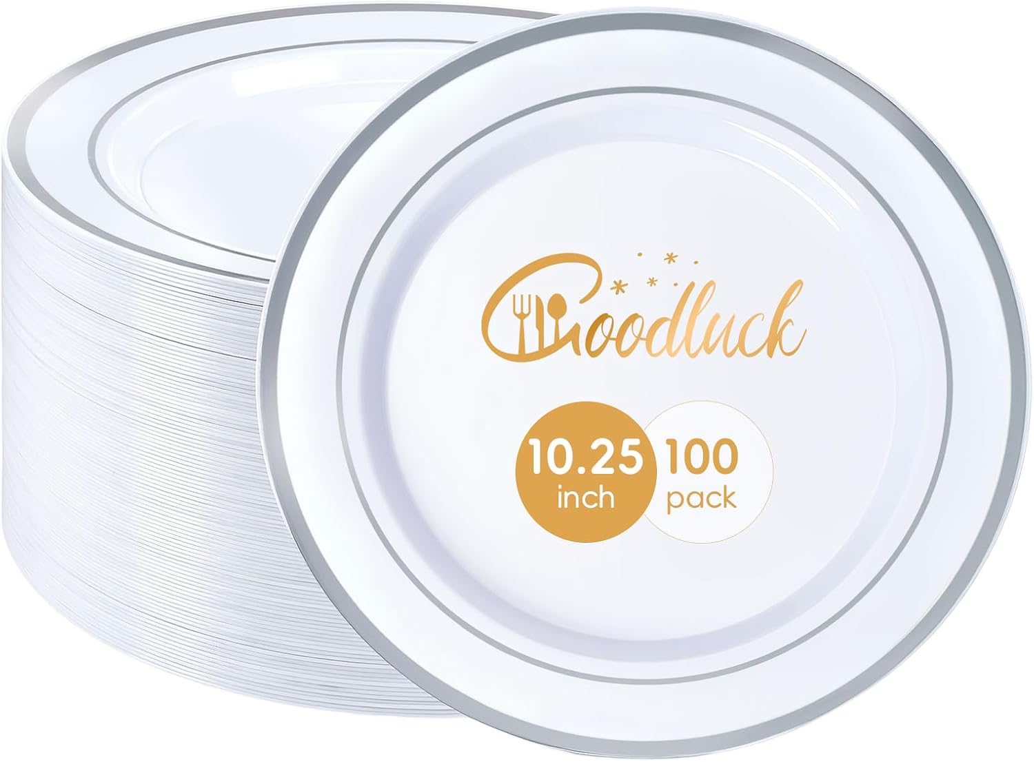 Goodluck 100PCS Silver Rimmed 10.25-Inch Heavy-Duty Disposable Plates