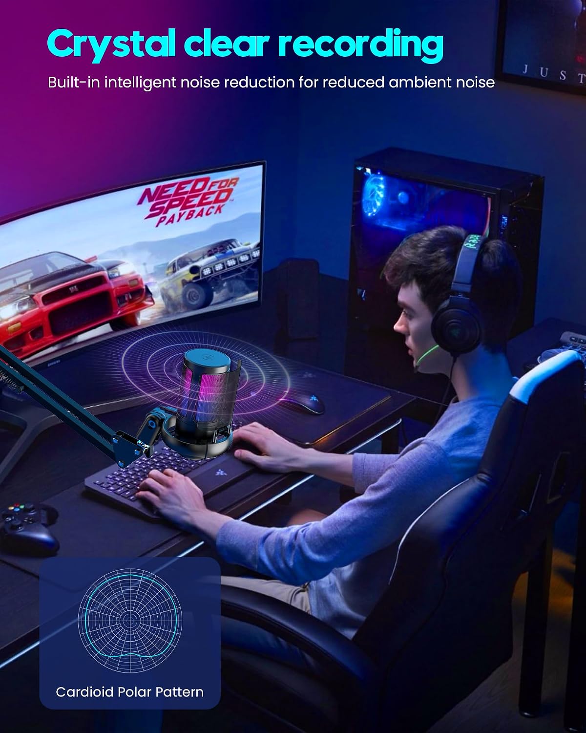 Thumbnail 6 de RGB Gaming Microphone with Boom Arm USB Mic for PC