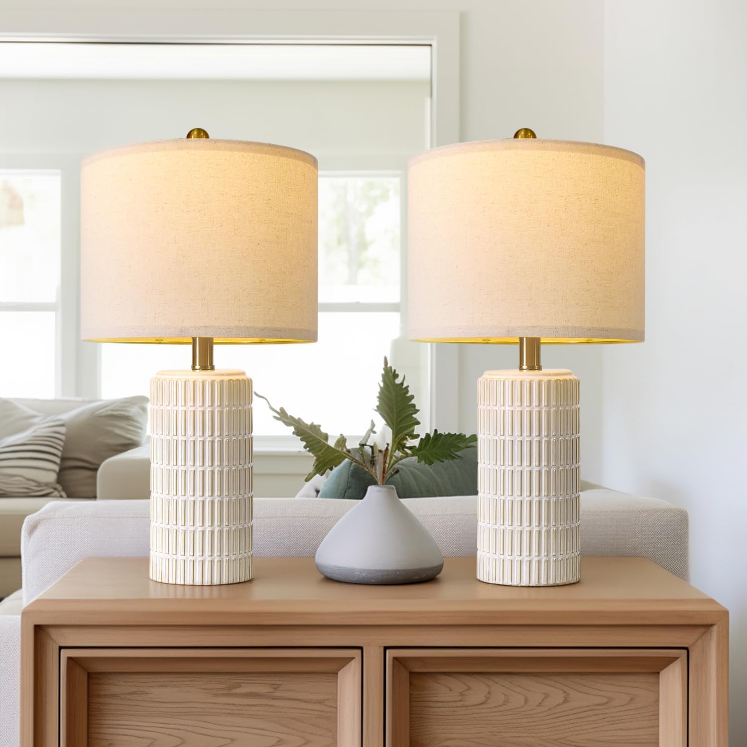 Thumbnail 6 de PoKat 20.75" Small Ceramic Table Lamps (Set of 2) for Bedroom, White Bedside Nightstand Lamps