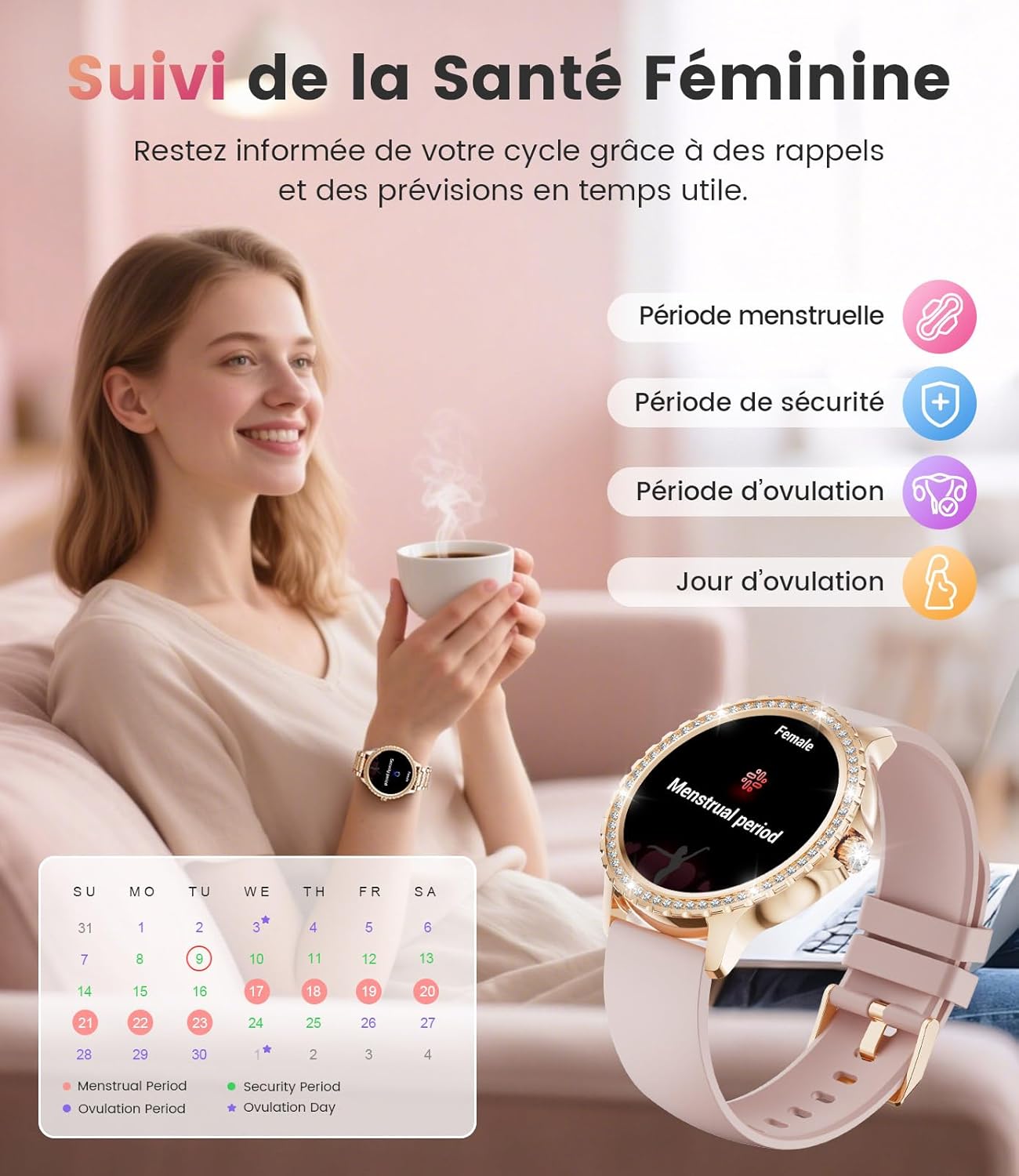 Thumbnail 4 de Montre Connectée Femme FITFLEX avec Appel Bluetooth et Suivi Santé – 1,32'' Rose