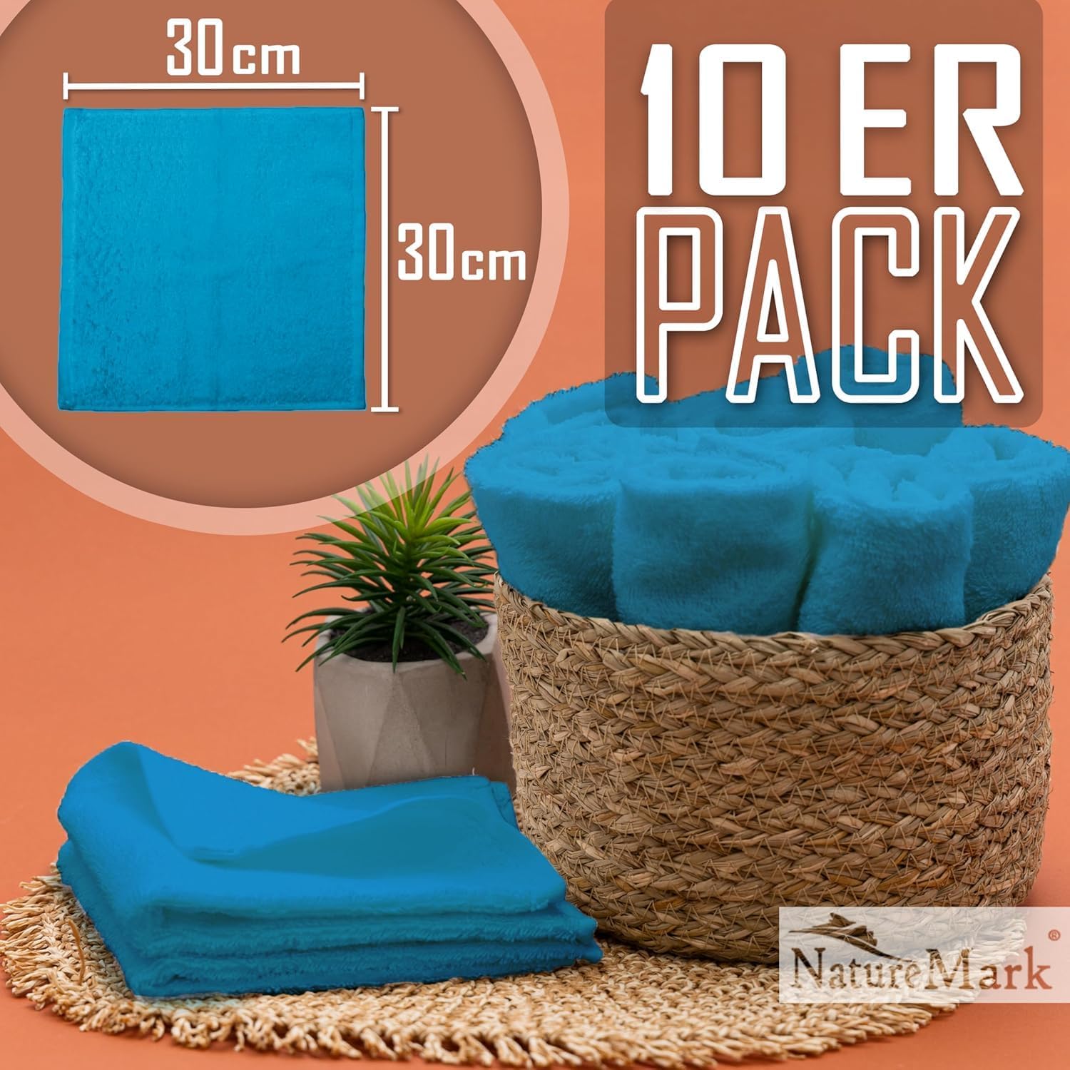 Detalle de NatureMark 10er-Set Frottee-Waschlappen für Gesicht & Hände (30×30 cm) aus 100% Baumwolle – türkis
