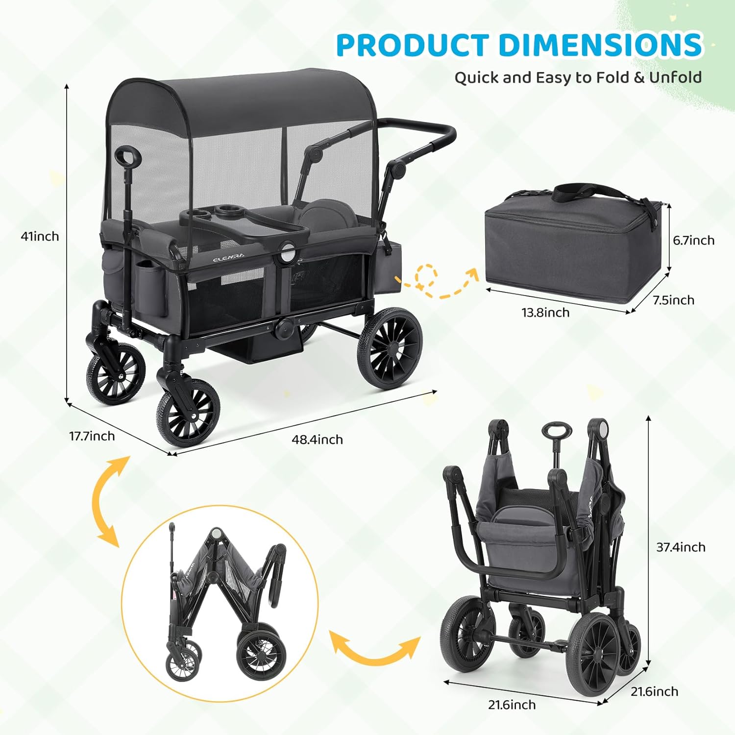 Thumbnail 1 de ELEMARA Foldable Wagon Stroller (for 2 Kids) with Removable Canopy, Adjustable Push/Pull Handle, Harnesses
