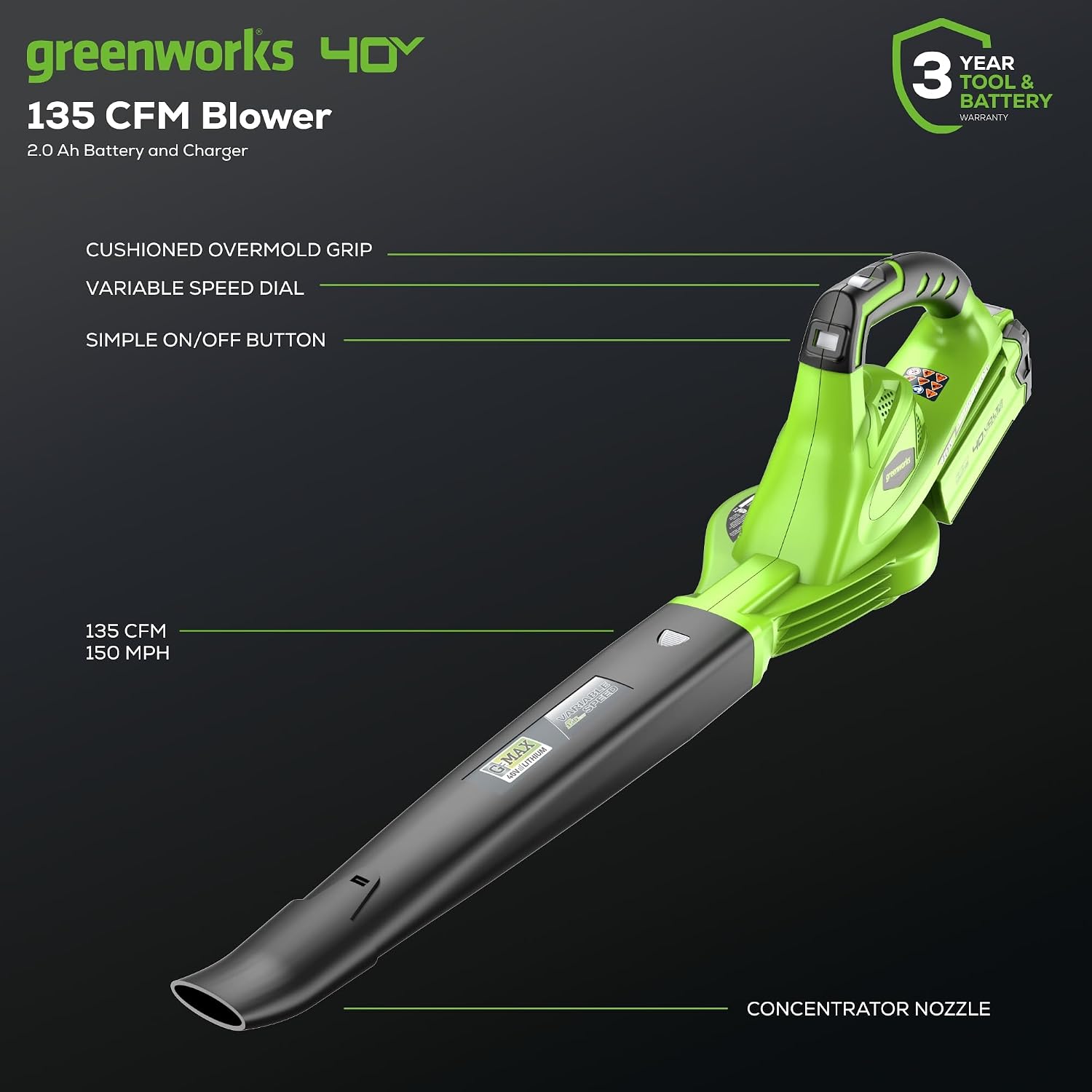 Detalle 2 de Greenworks Cordless Leaf Blower 40V