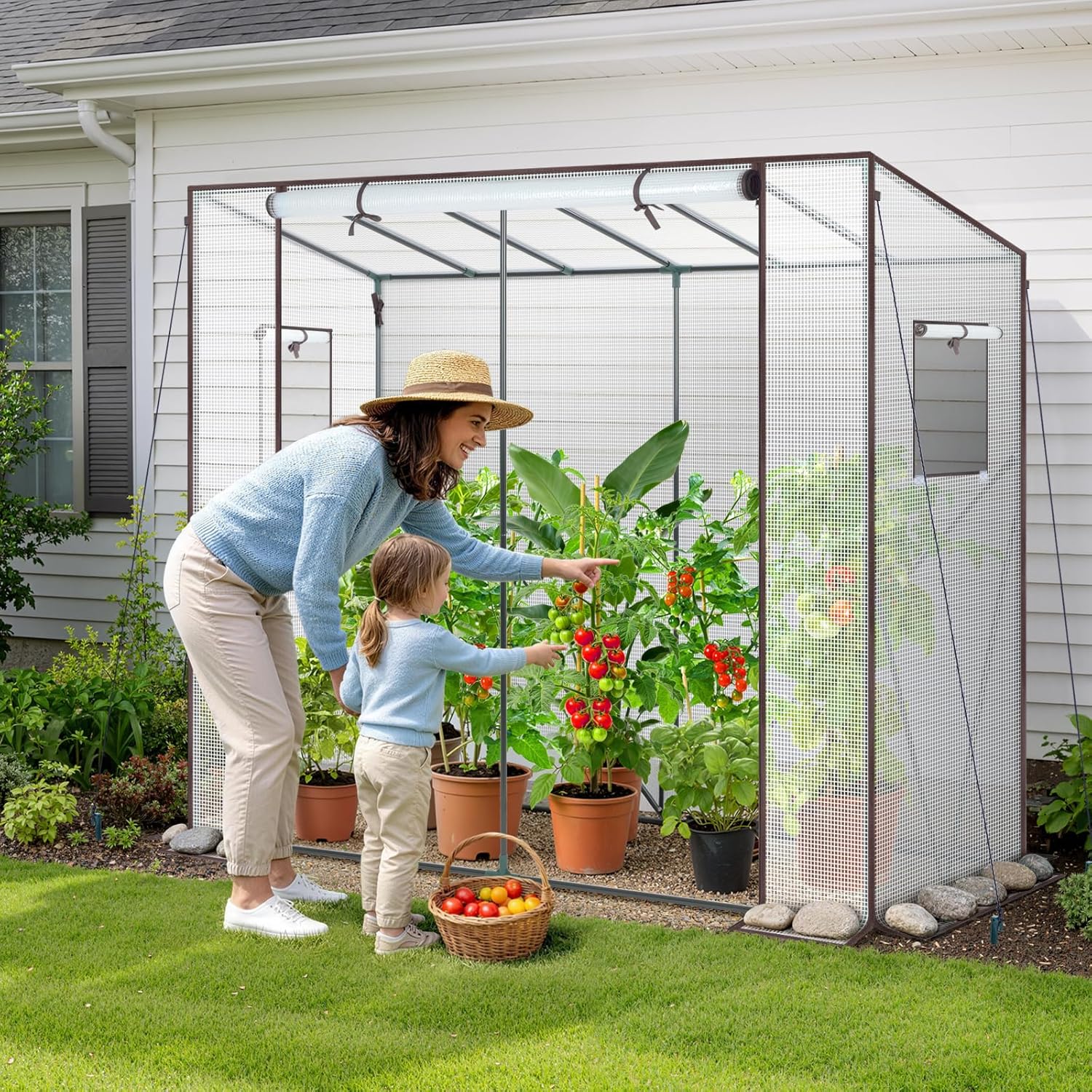 Detalle de Ohuhu Walk In Greenhouse (Portable Tomato Greenhouse) with PE Cover & Roll-Up Door, White 200x77x170 cm