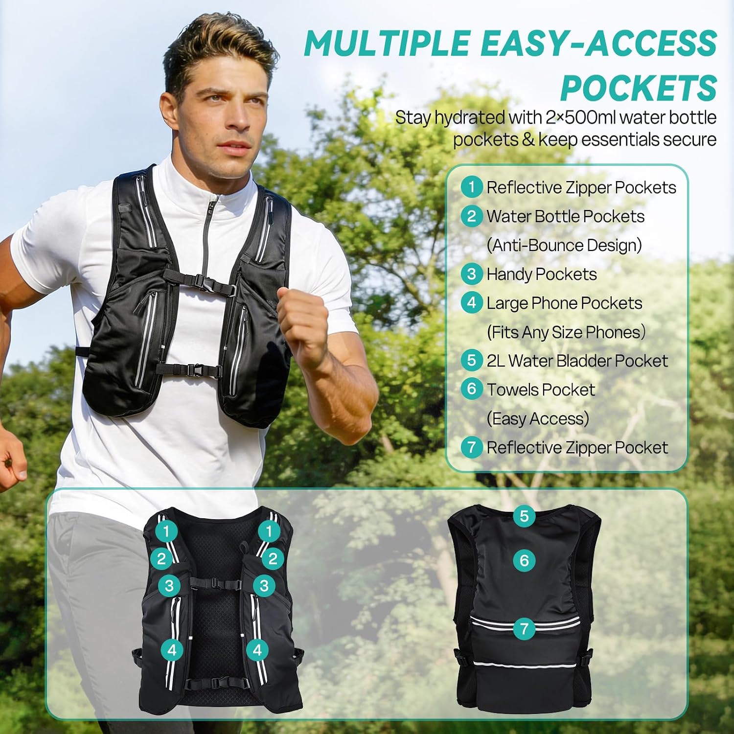 Detalle 2 de Nextyu Laufweste Damen & Herren mit Trinkrucksack: 2× 500-ml-Flaschenfächer, großes Handyfach & reflektierendes Design