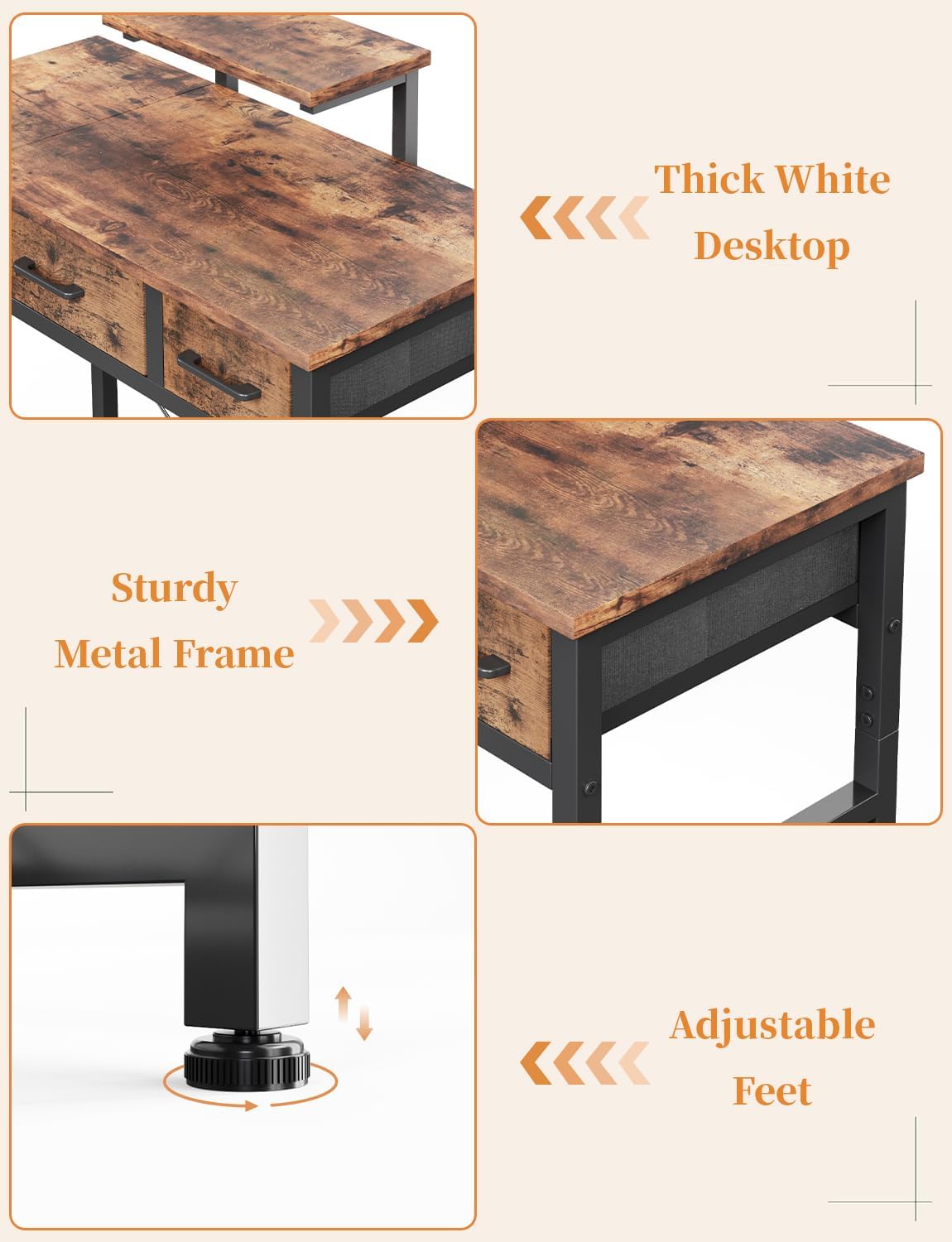 Thumbnail 6 de KitMent Small Desk with 3 Fabric Drawers, 76x36cm – Compact Study/Vanity Desk with Adjustable Monitor Stand
