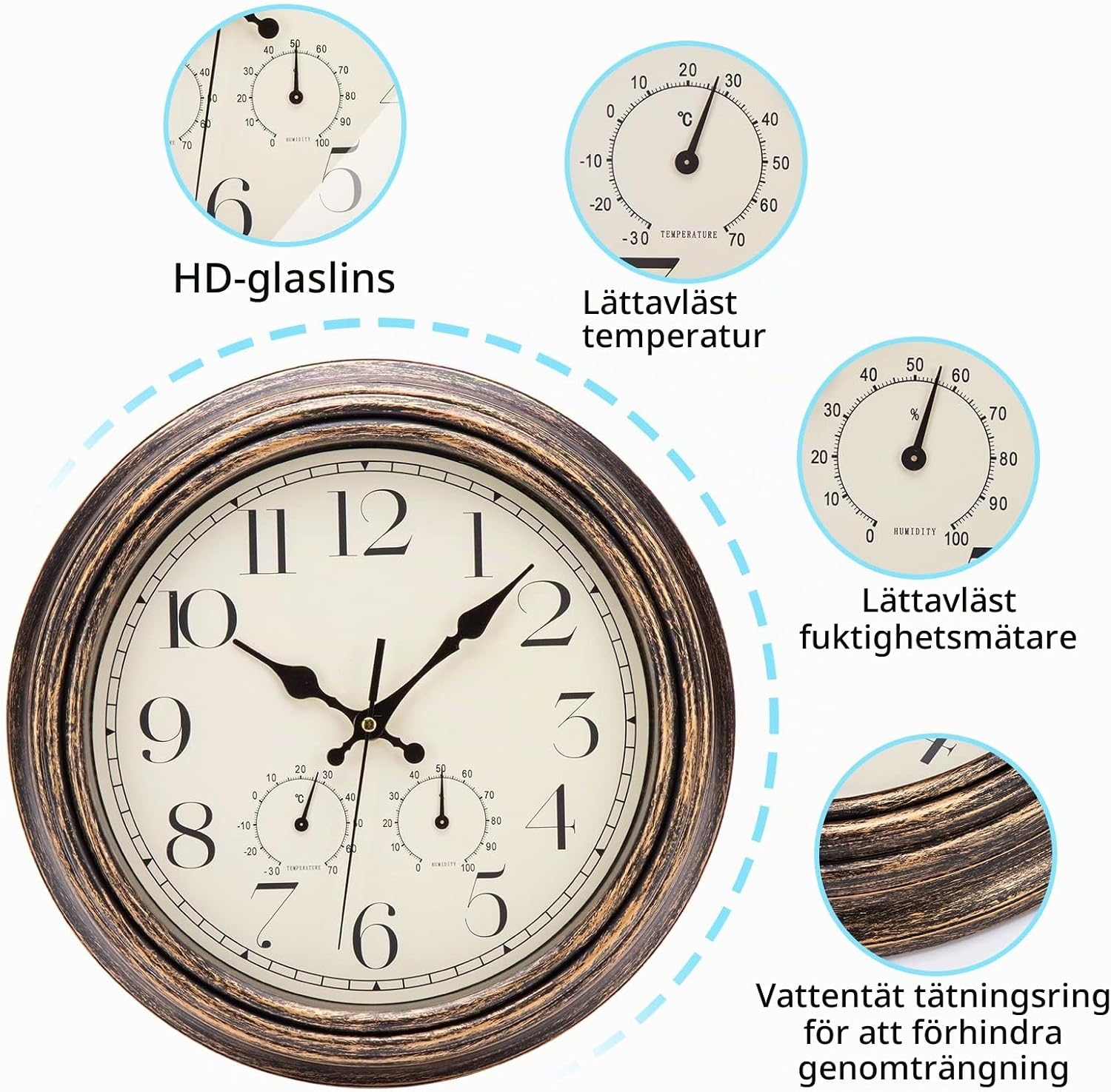 Detalle de ACCSHINE 9938997 väggklocka 30 cm – vintage, tyst med termometer och hygrometer