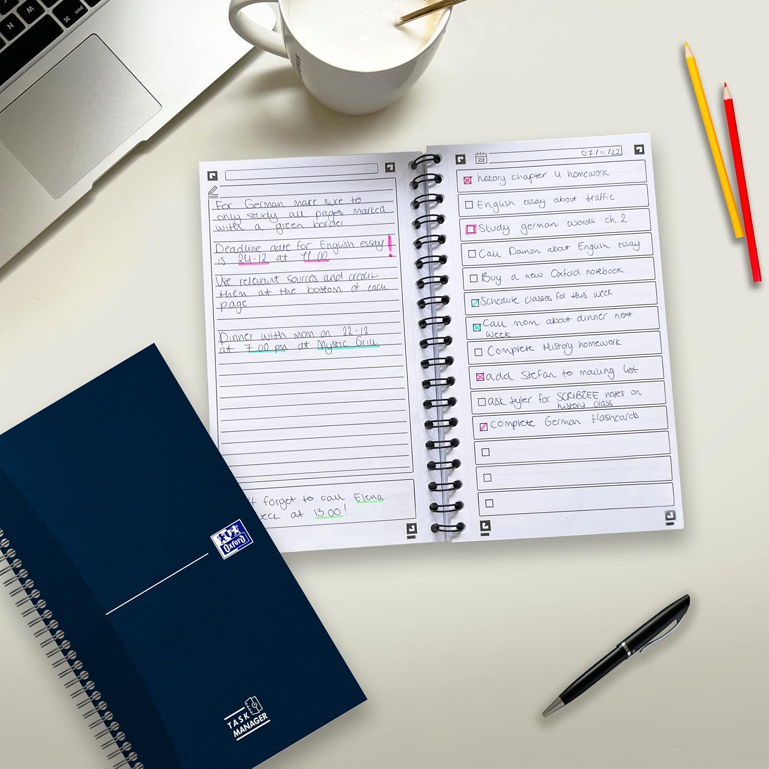 Detalle de Oxford Task Manager: To-Do-Listen-Notizbuch mit Spiralbindung, blau, 460 Seiten