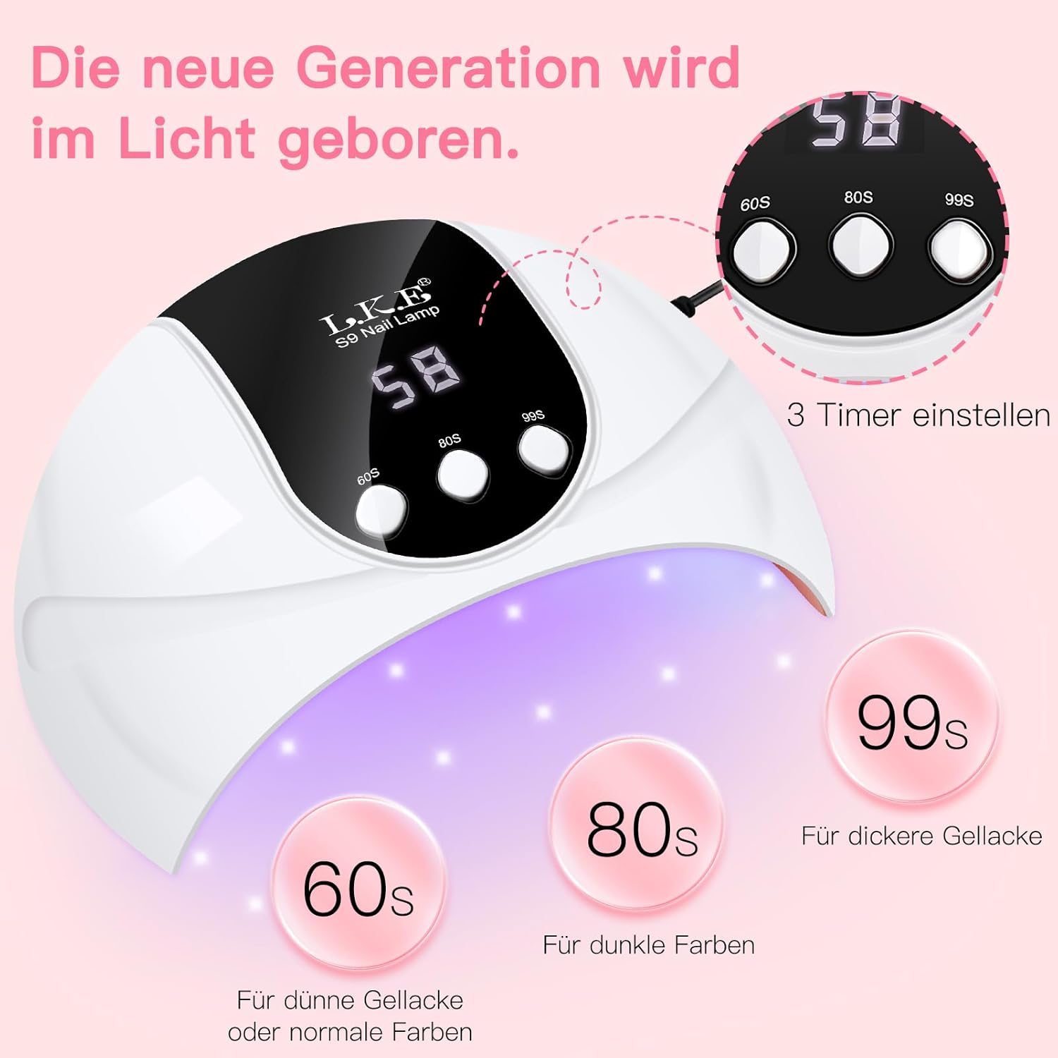 Detalle de UV LED Nagellampe 54W mit automatischem Sensor, LCD-Display und USB-Betrieb – ideal für Heim & Nagelstudio