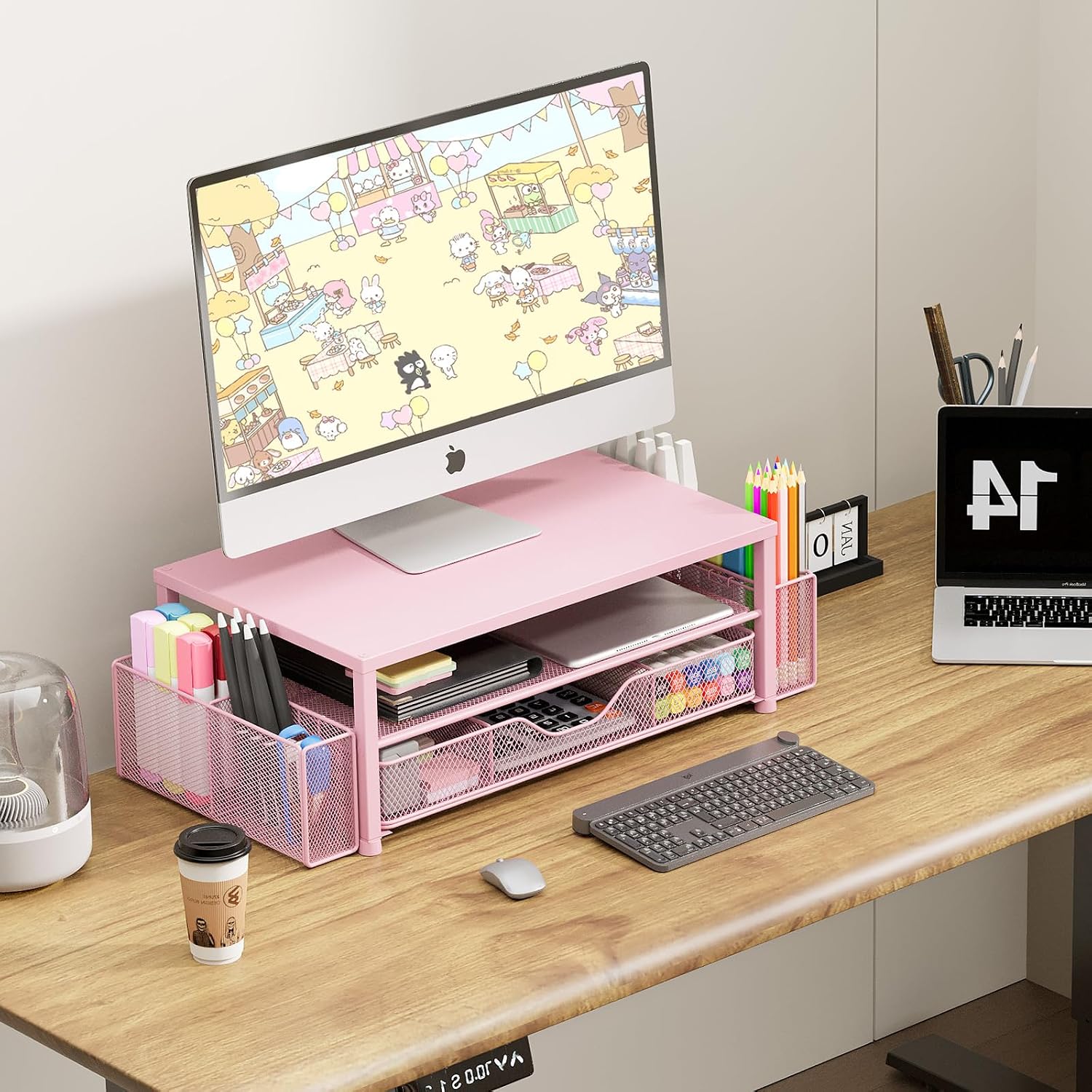 Thumbnail 4 de OPNICE 2-Tier Monitor Stand with Drawer and Pen Holders, Pink