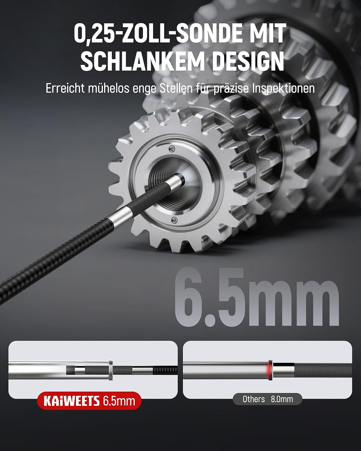 Thumbnail 3 de KAIWEETS Endoskopkamera mit Licht – 6,5 mm Dünn, 210° Articulation, 1080P Display, IP67, 1,6 m Kabel