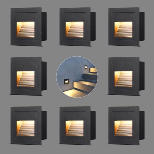 Detalle de VivaLet 8 Piezas Luz LED Escaleras 3W 300LM 230V IP65 - Caja Empotrada 68mm, Cuadrado Negro