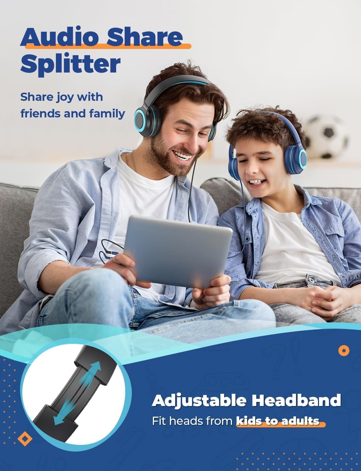 Thumbnail 1 de iClever 2 Pack Kids Headphones (85dBA Safe Volume) with 3.5mm Sharing Splitter – Wired, Foldable, Blue & Black