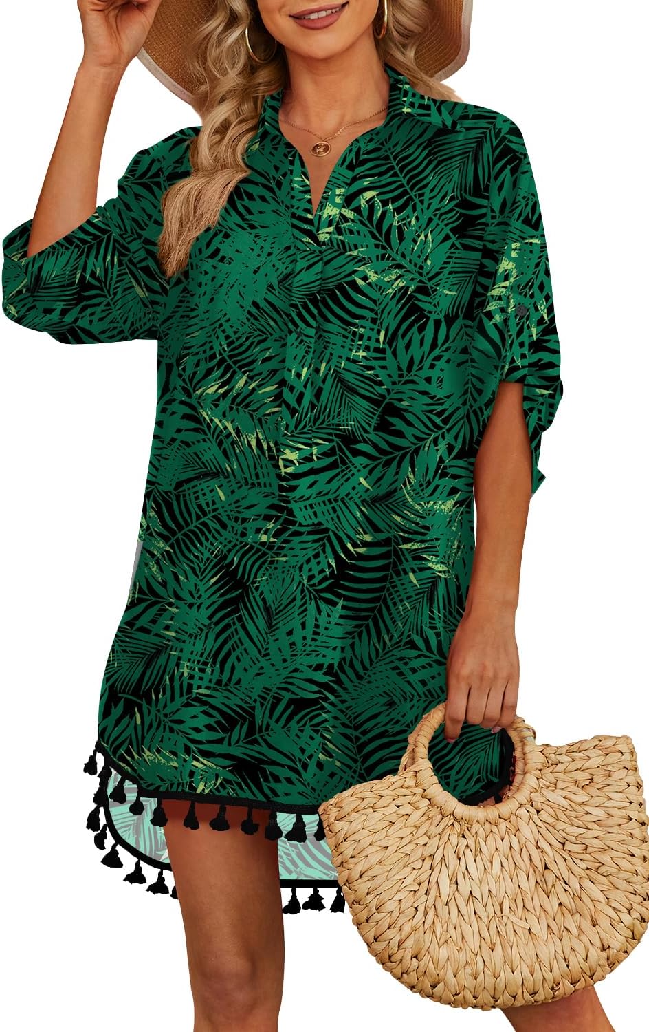 Thumbnail 3 de Yincro Women Swimsuit Cover Up Shirt with Tassel Details (V-Neck, Asymmetrical Hem)