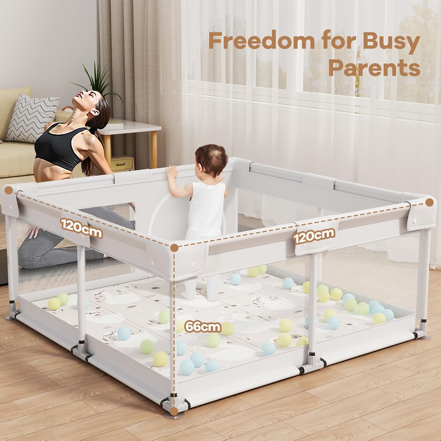 Thumbnail 5 de Lertantri Parc bébé 120 x 120 cm avec matelas et filet respirant – petit parc pour appartement