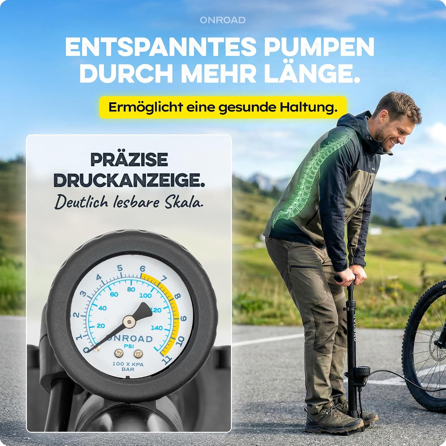 Thumbnail 6 de ON‑AIR Fahrradpumpe für alle Ventile (Presta/SV, AV, DV) – Standluftpumpe mit großem Manometer, Adapter & Ballnadel