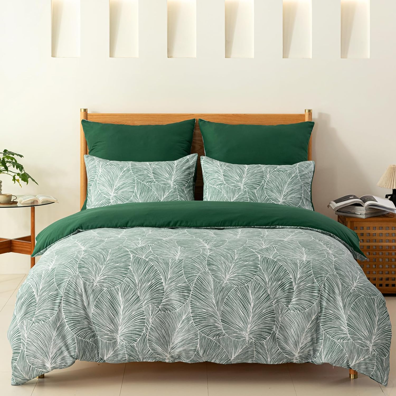Detalle de Tokokimo Emerald Green Single Duvet Cover Set – Leaves Pattern, Microfiber 135x200 cm with Pillowcase