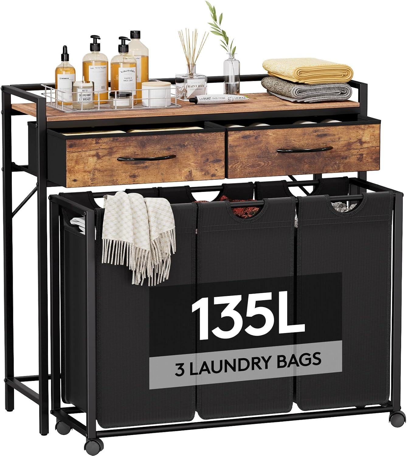 Detalle de Lifewit 24361 3-Section Rolling Laundry Hamper with Shelf and 2 Drawers
