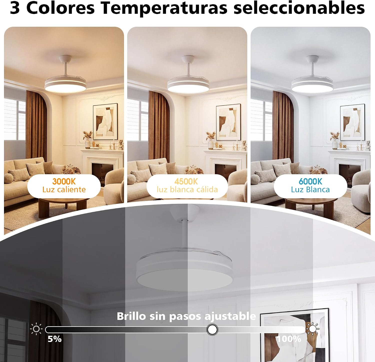 Thumbnail 1 de NIORSUN Ventilador de techo con luz 42" (106 cm) con aspas retráctiles, 3 tonalidades de luz, control por APP y mando, 6 velocidades