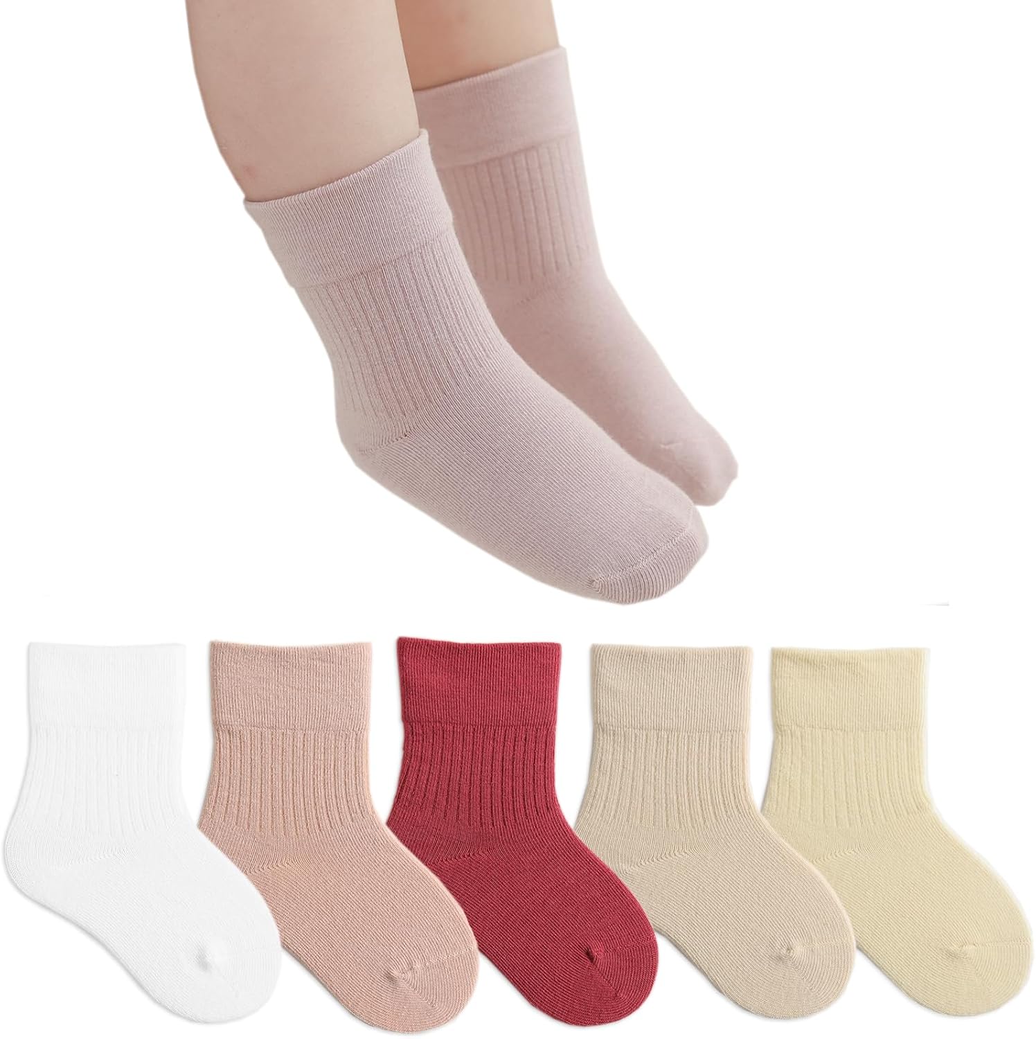 Exemaba Toddler Crew Socks (5 Pairs) – Soft Cotton Neutral Solid Socks for Kids 0–8 Years