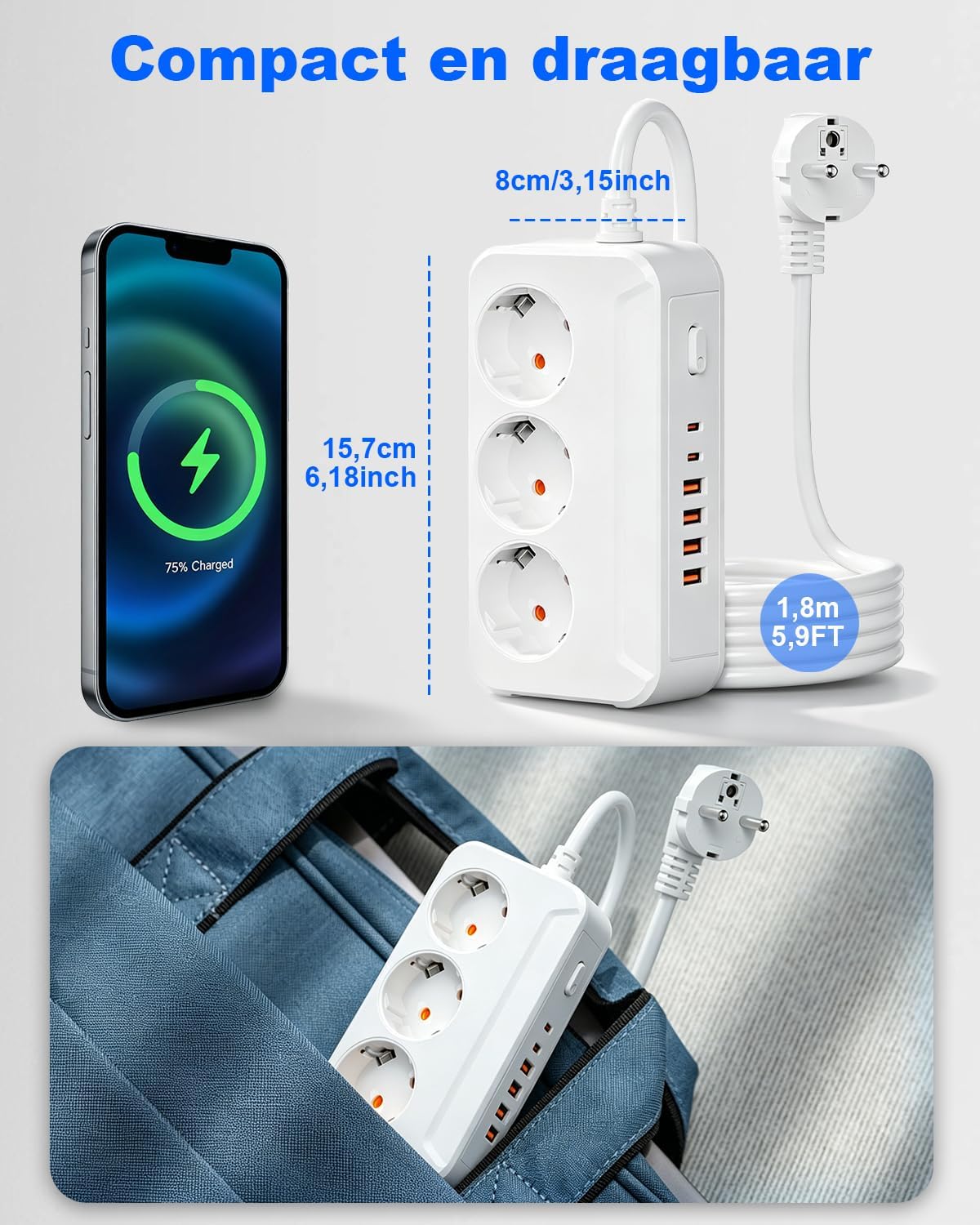 Thumbnail 6 de Jonurphy USB-C stekkerdoos met 3 stopcontacten, 6 USB-poorten en 1,8 m kabel