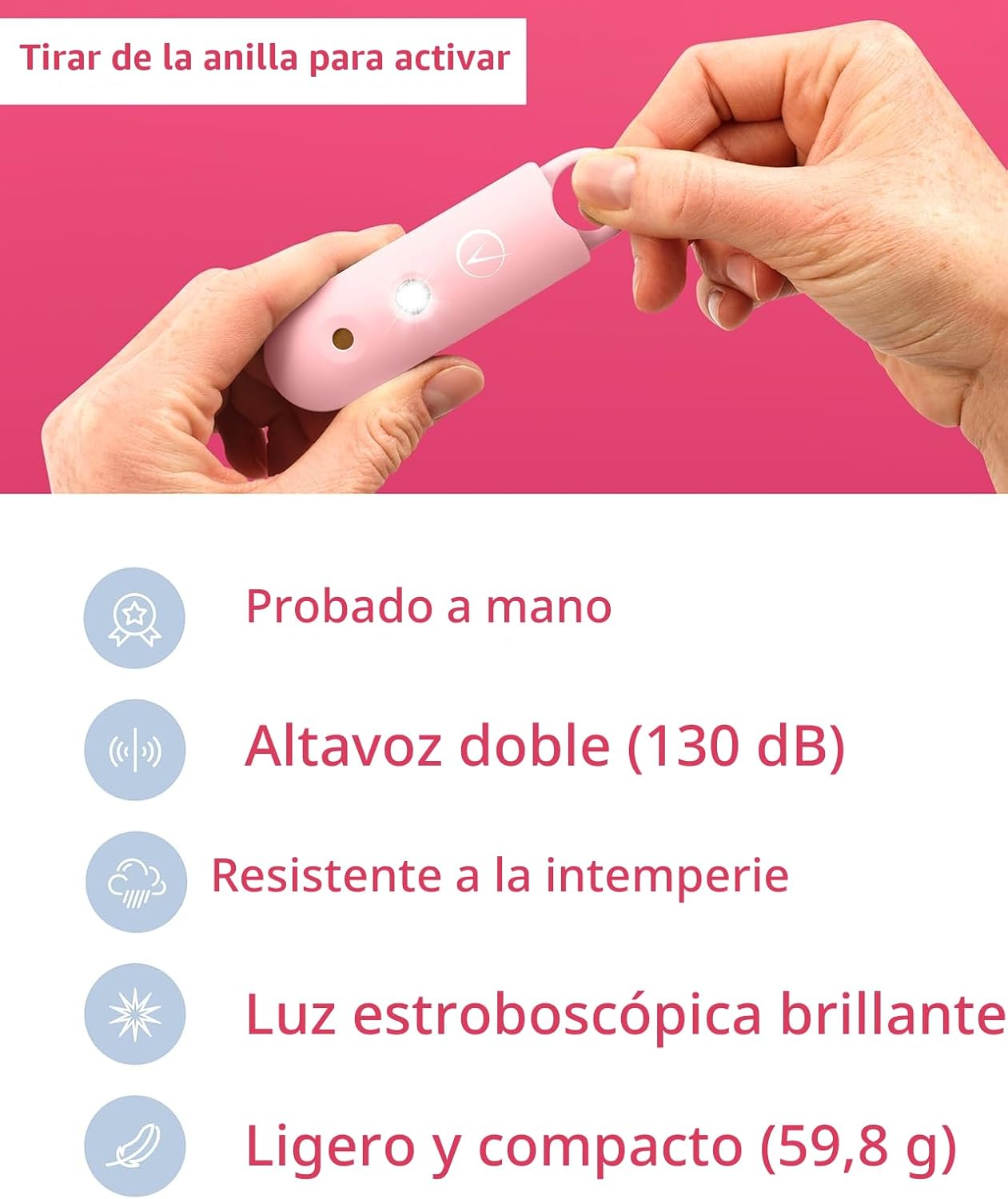 Detalle de Vantamo Alarma Personal para Mujeres 130 dB con Doble Altavoz y Luz Estroboscópica — Llavero de Autodefensa Compacto