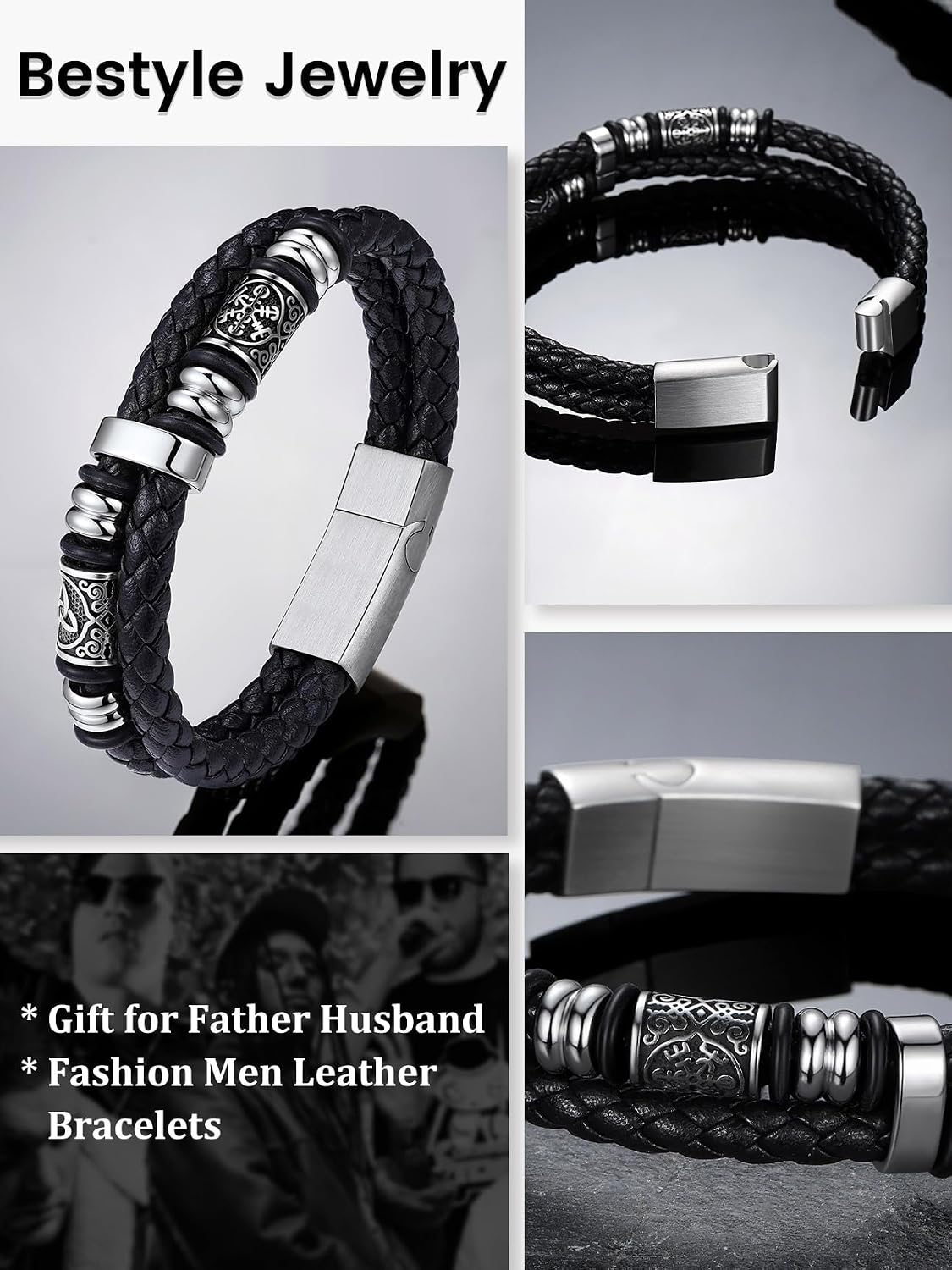 Thumbnail 2 de Bestyle Bracelet Homme en Cuir Tressé PU avec Fermoir Magnétique – Tailles 17, 21 ou 23 cm