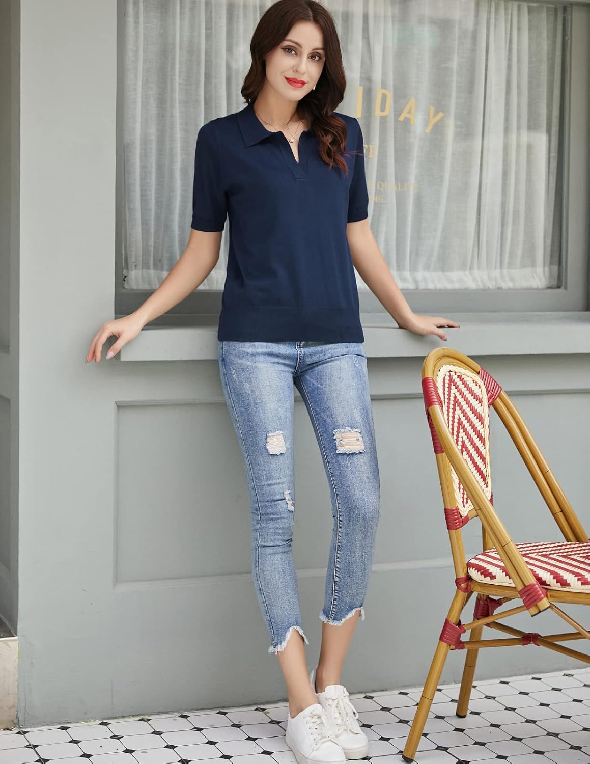 Detalle de Kate Kasin Women’s Short Sleeve Polo Sweater (V-Neck Ribbed Knit)