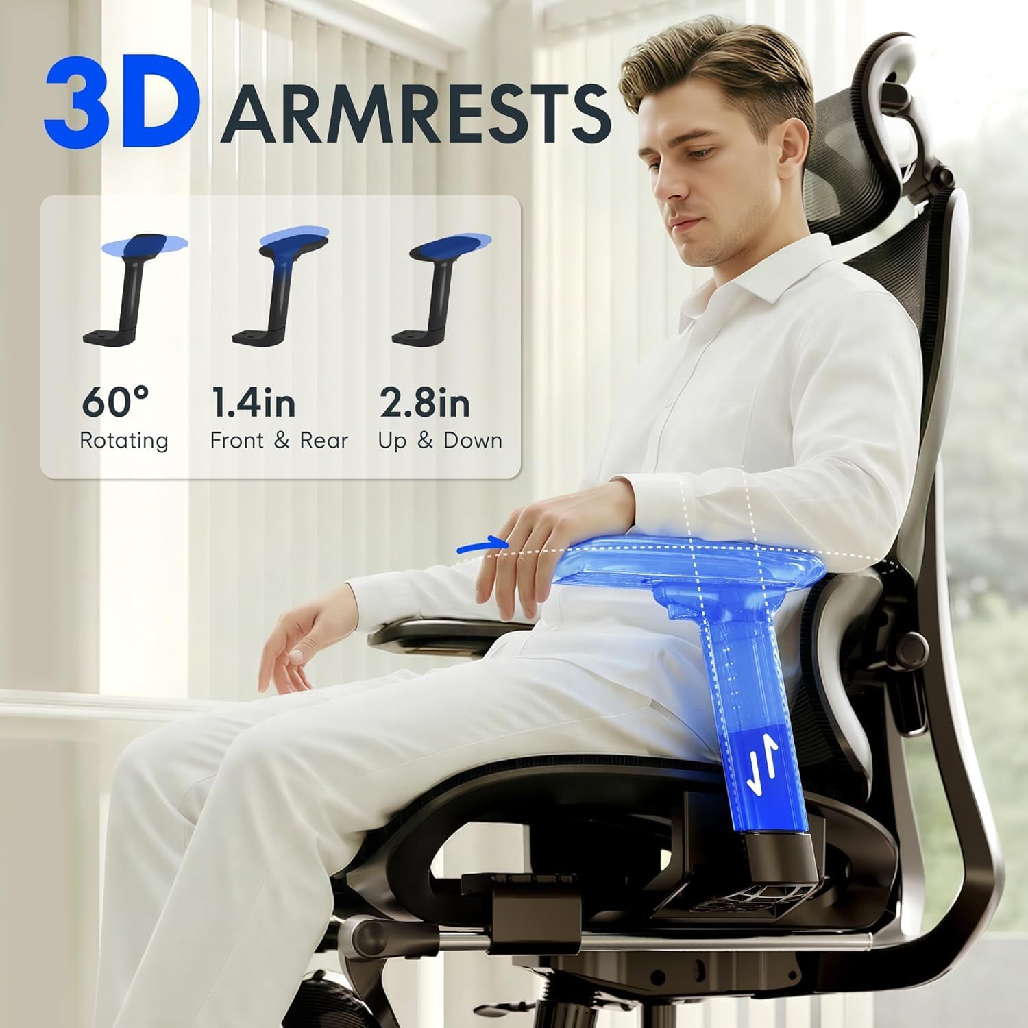 Detalle de FLEXISPOT ErgoX ergonomic office chair with footrest, 3D armrests and 3D headrest (grey)