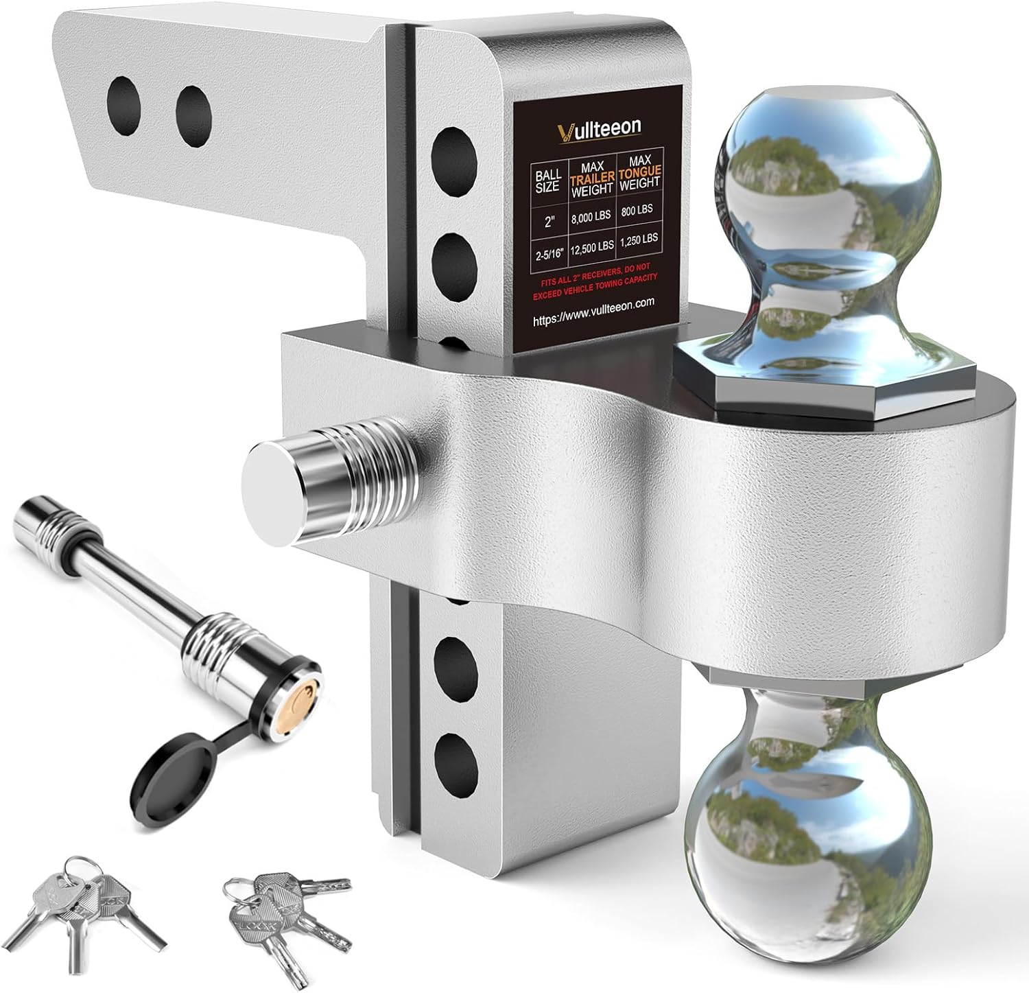 Thumbnail 6 de Vullteeon 8-Inch Adjustable Drop Hitch Ball Mount for 2.5-Inch Receiver with Dual 2" & 2-5/16" Chrome Balls (18,500 LBS GTW) & Anti-Theft Pins