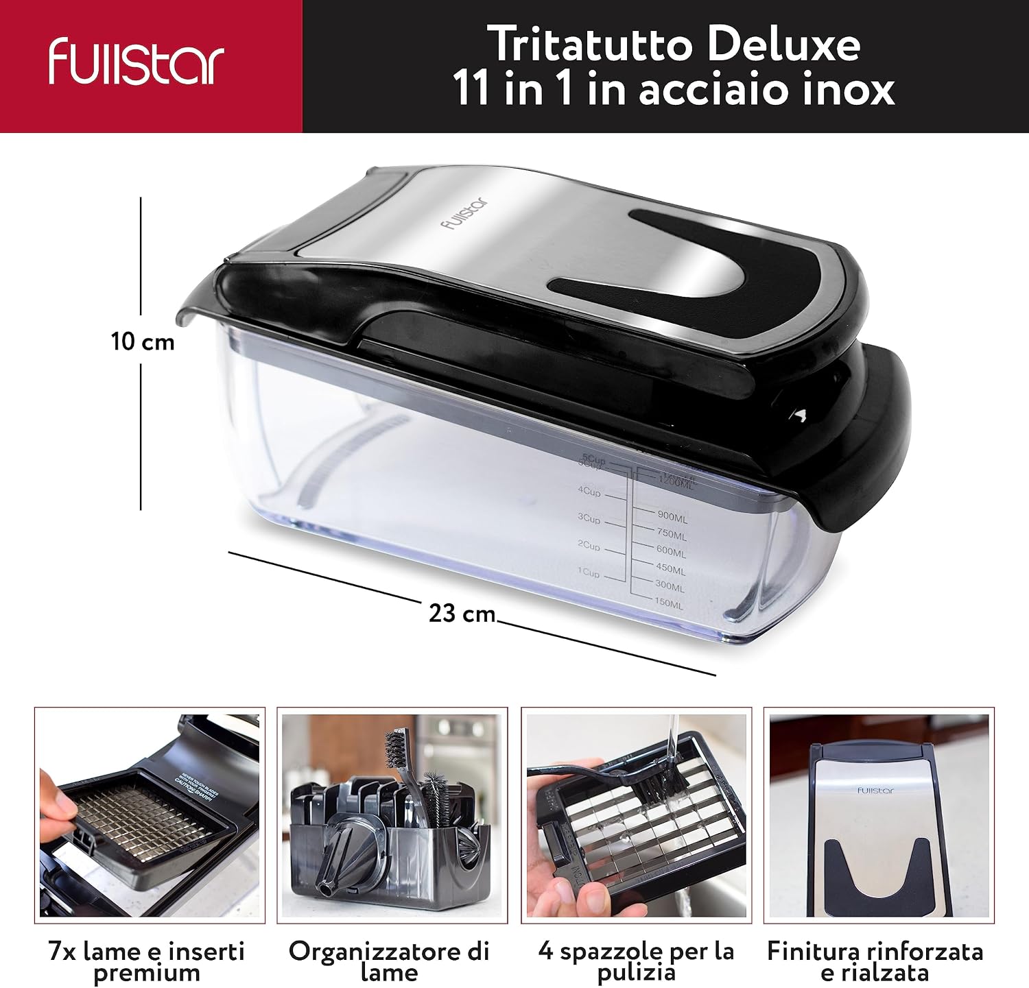 Detalle de Fullstar Taglia Verdure e Spiralizzatore 9-in-1 in Inox Nero – Tagliaverdure e Tritatutto Multifunzione