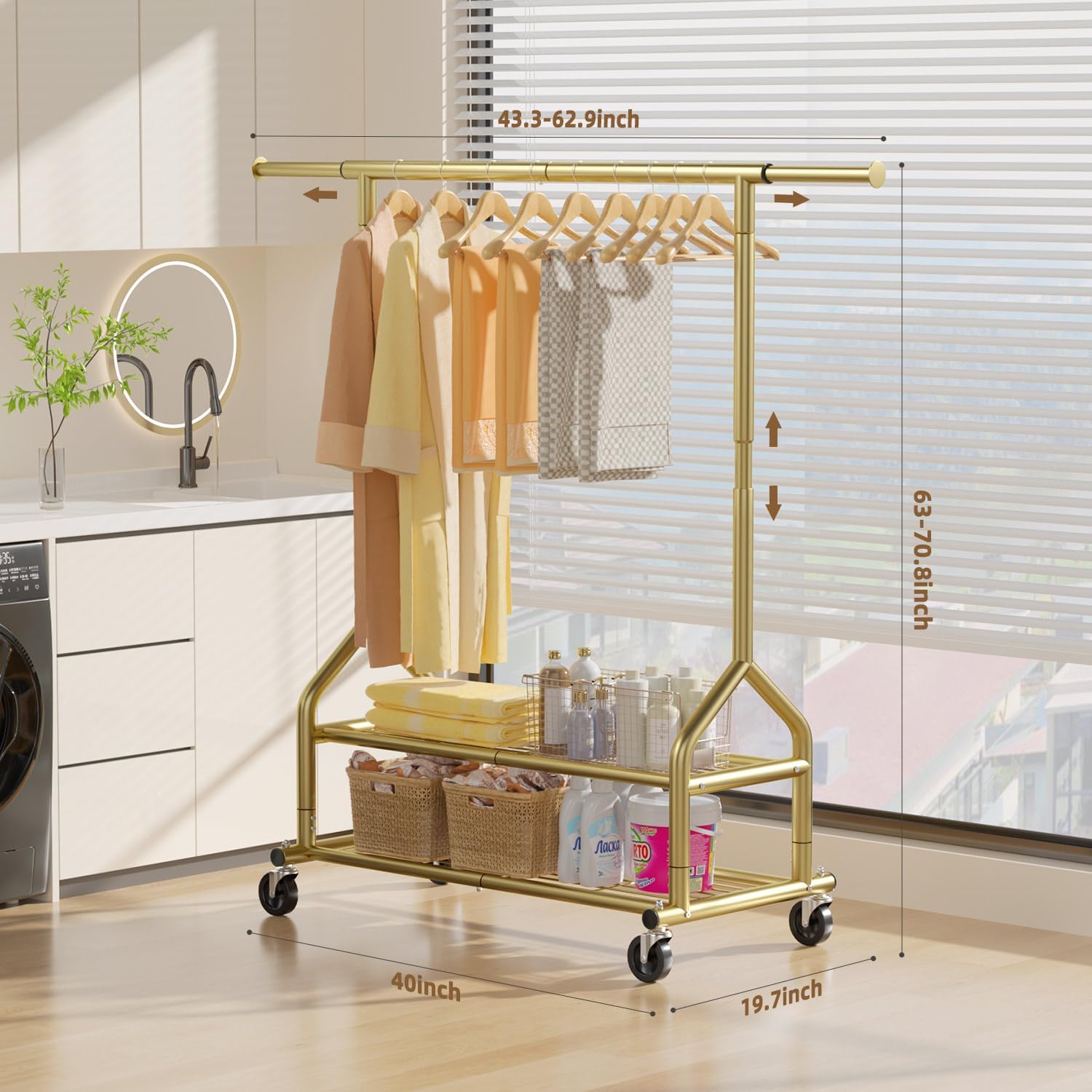 Detalle de EAGMAK UKGRP070 Heavy-Duty Clothes Rack, Gold, Adjustable Rod and 2 Shelves