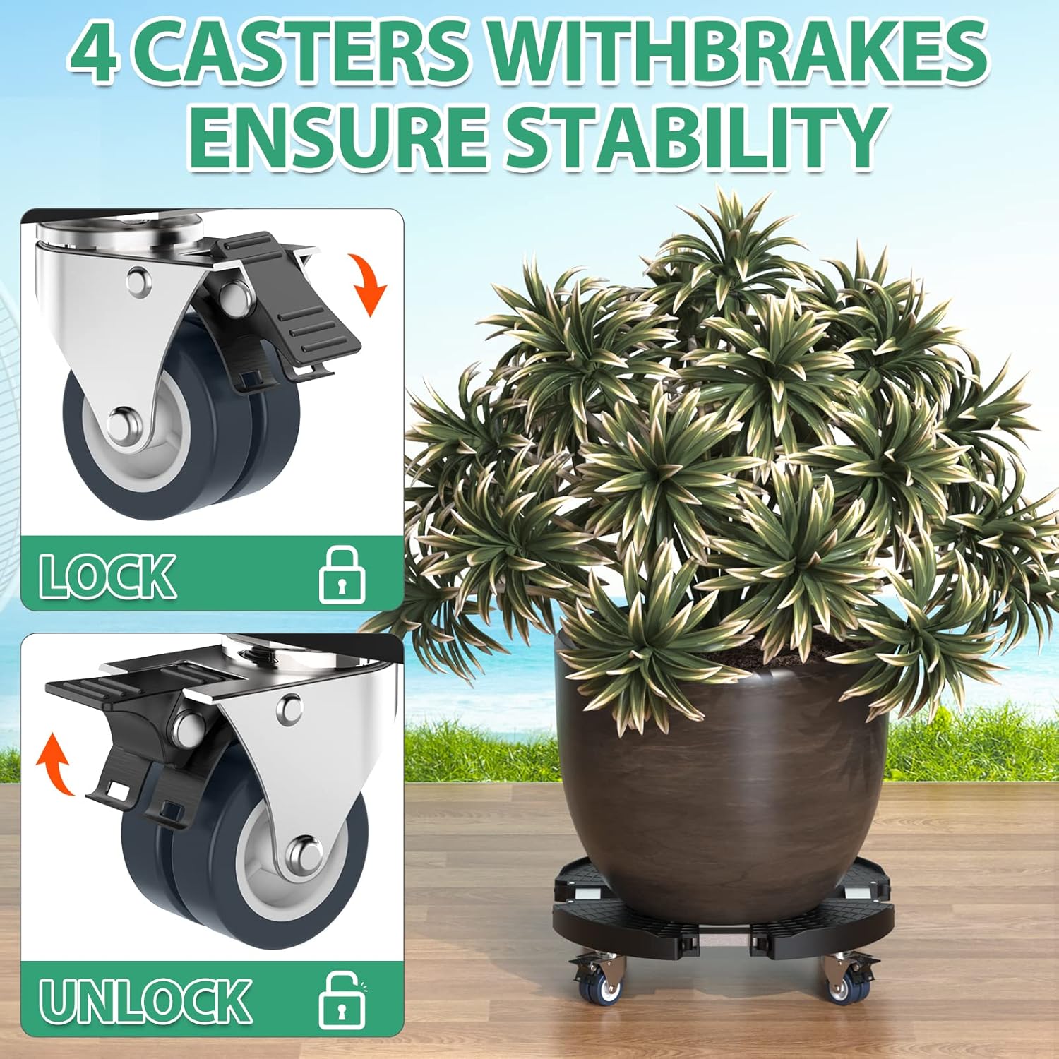Thumbnail 1 de Yeabett Plant Caddy With Wheels (38–56 cm Adjustable) – Heavy-Duty, Lockable Plant Trolley for Indoor/Outdoor Pots, Black