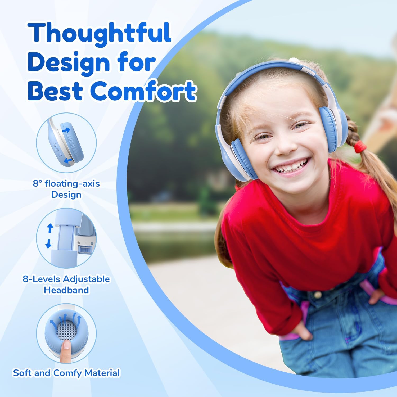 Detalle 2 de EarFun Kids Wireless Headphones (74/85/94dB Volume Limited) with Microphone, Sky Blue