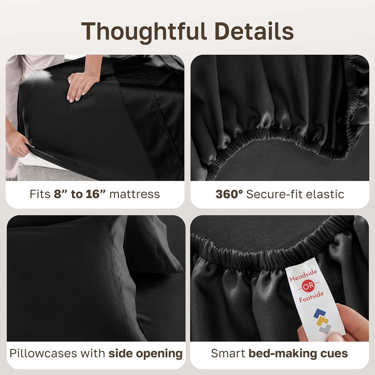 Detalle 2 de California Design Den 840307190369 King Cotton Sateen Sheets, 600 Thread Count, Black