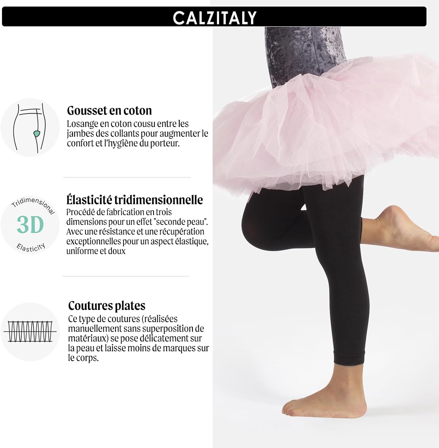 Detalle de CALZITALY Pack 1 ou 2 Paires – Leggings Dance Fille 60 DEN, sans pieds, 3D, coton, Italie