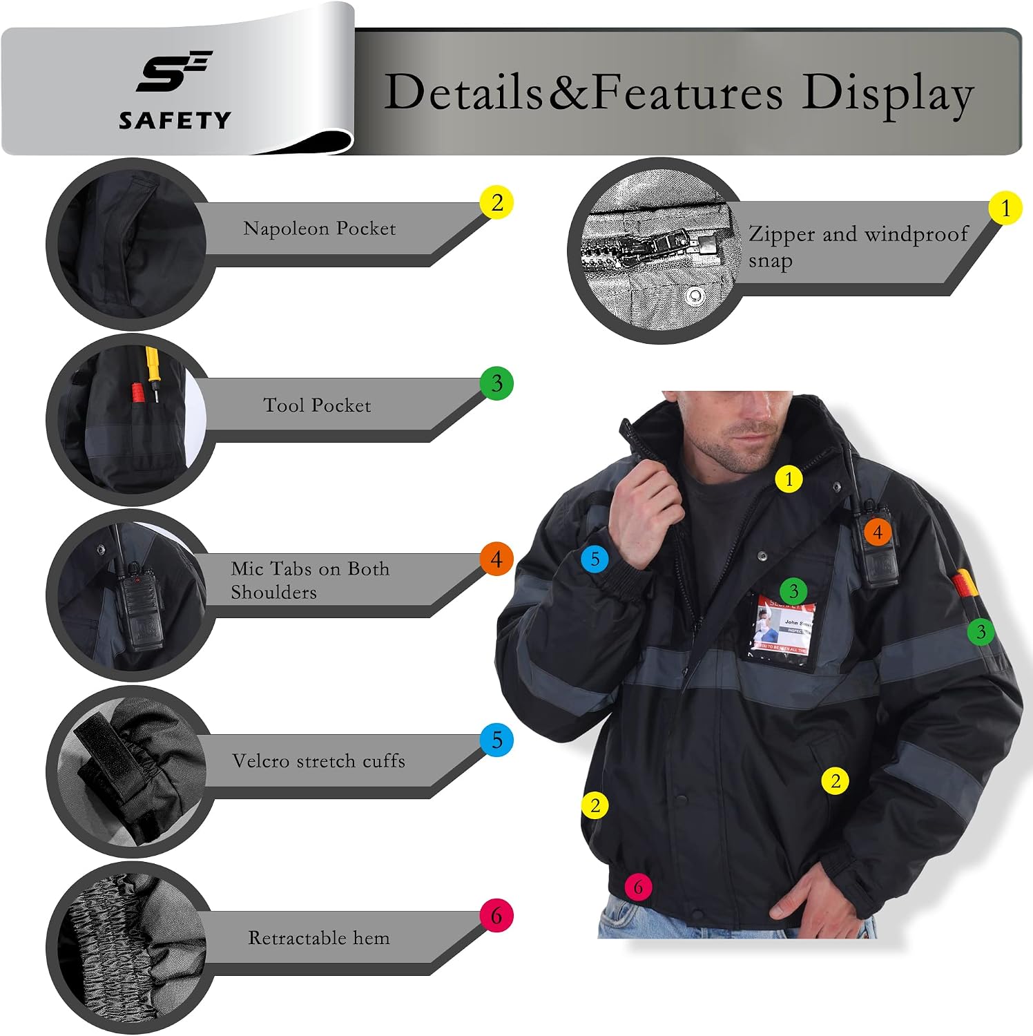 Detalle de sesafety High-Visibility Class 3 Waterproof Bomber Jacket with Reflective Strips