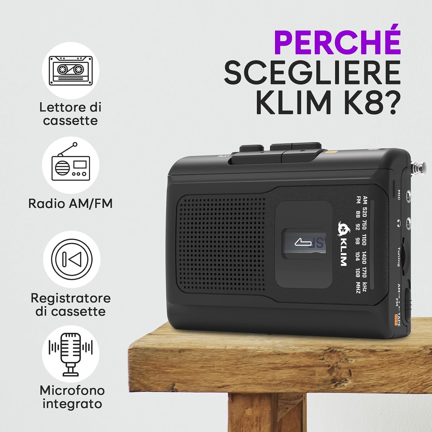 Detalle 2 de KLIM K8 Lettore Cassette Audio – Registratore, Radio AM/FM e Audio Portatile con Microfono Integrato