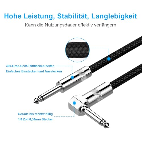 Detalle de New Bee Instrumentenkabel 3 m – 1/4'' Klinke, Gerade und Winkel, für Gitarre, Bass, Keyboard, Pro Audio